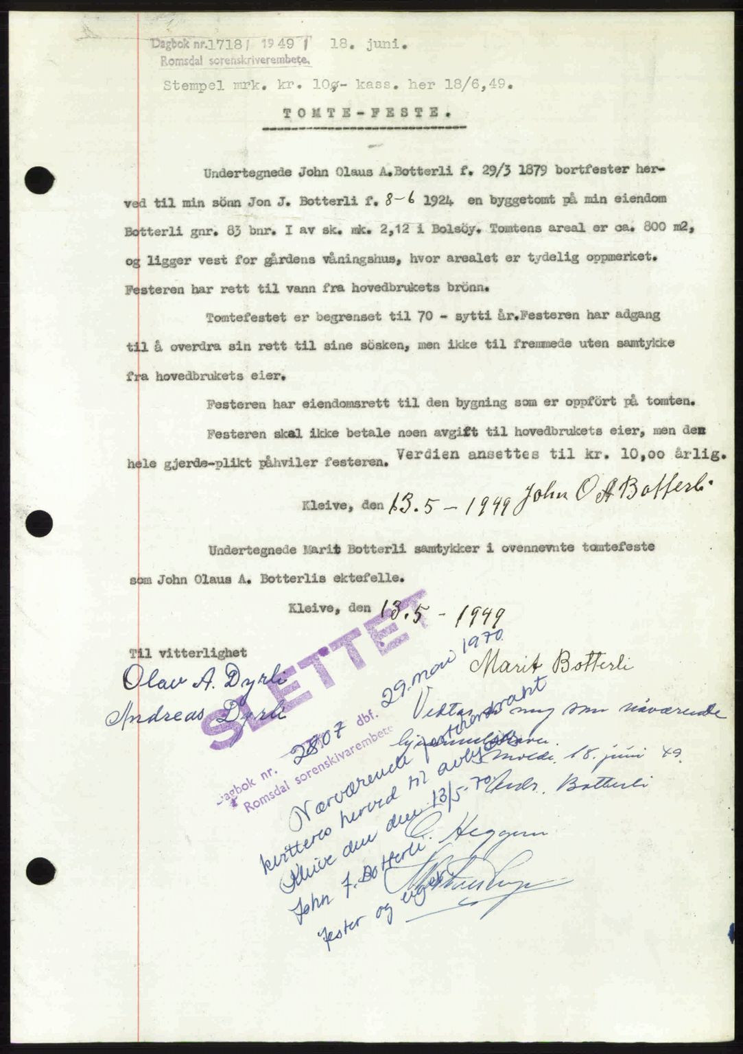 Romsdal sorenskriveri, AV/SAT-A-4149/1/2/2C: Mortgage book no. A30, 1949-1949, Diary no: : 1718/1949