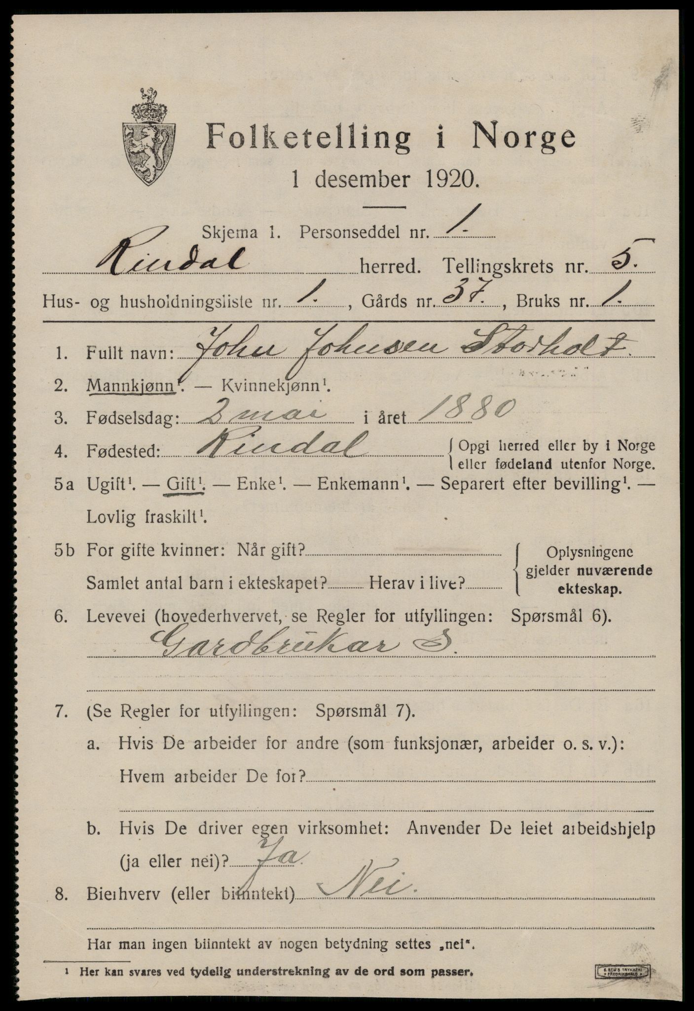 SAT, 1920 census for Rindal, 1920, p. 2642