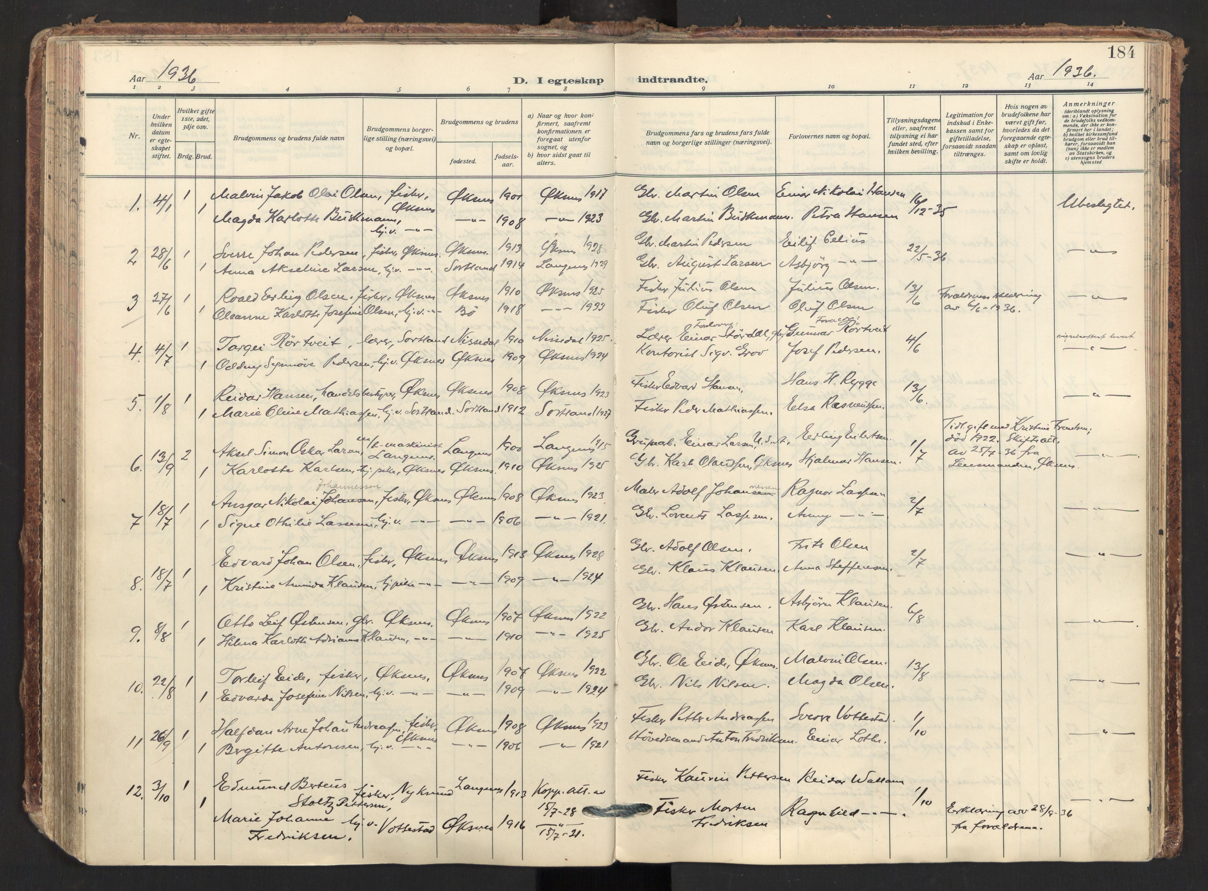 Ministerialprotokoller, klokkerbøker og fødselsregistre - Nordland, AV/SAT-A-1459/893/L1344: Parish register (official) no. 893A16, 1929-1946, p. 184