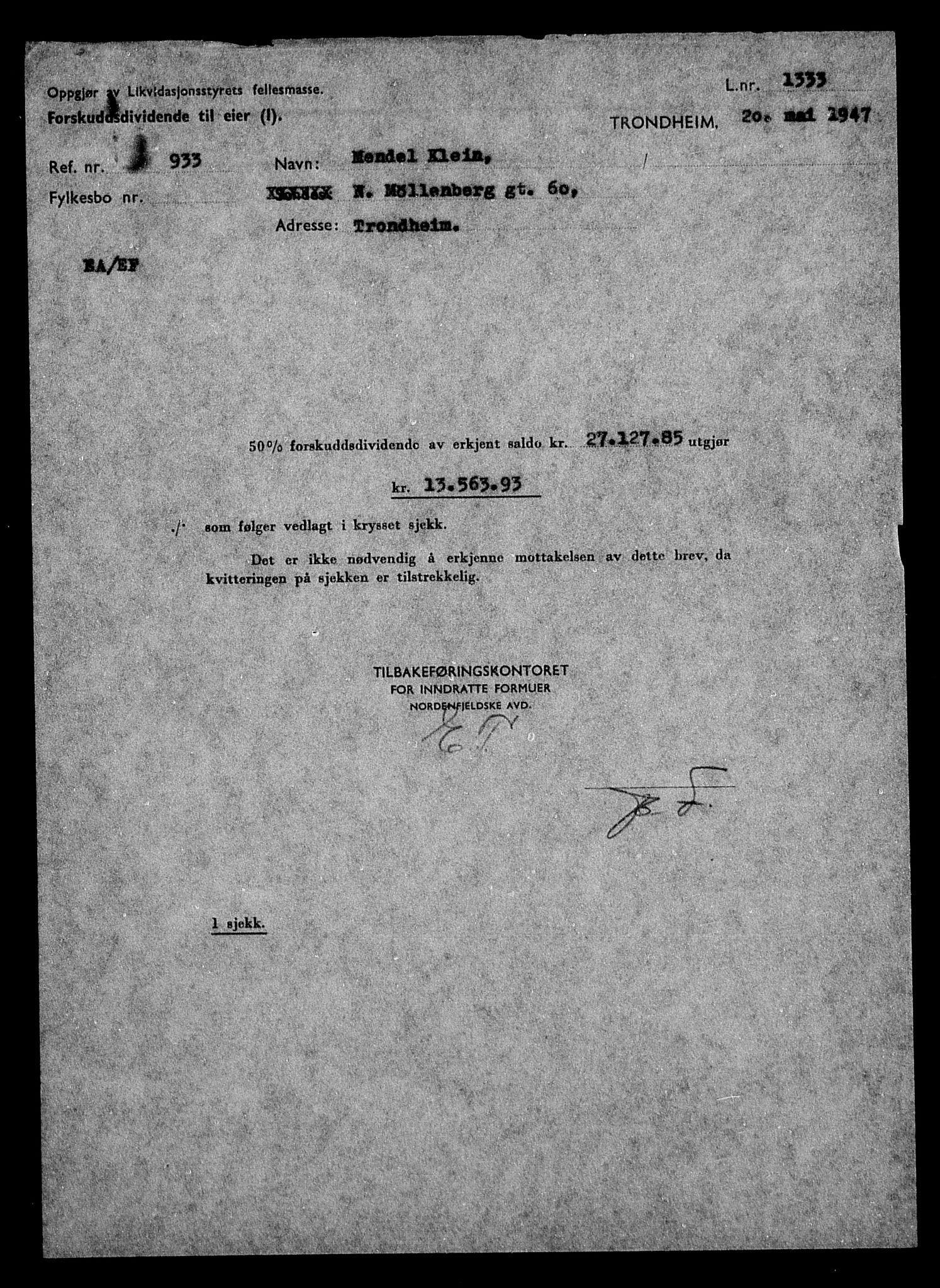 Justisdepartementet, Tilbakeføringskontoret for inndratte formuer, AV/RA-S-1564/H/Hc/Hca/L0902: --, 1945-1947, p. 152