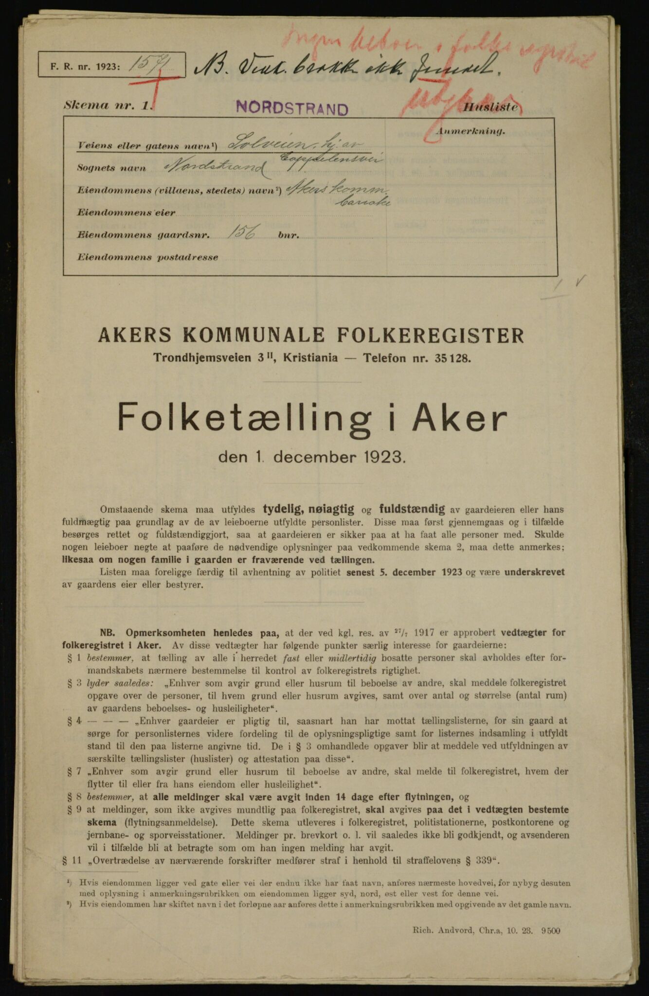 , Municipal Census 1923 for Aker, 1923, p. 45552