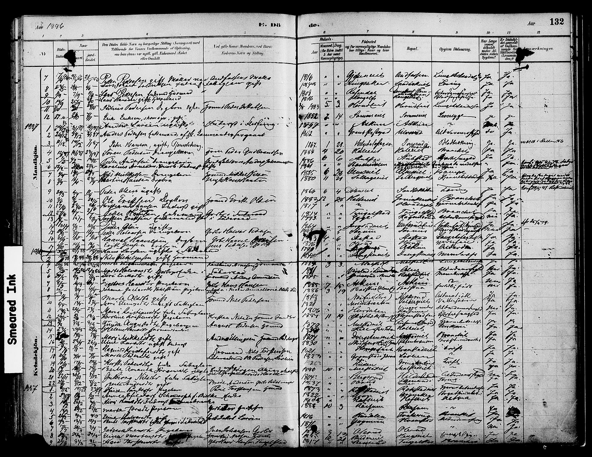 Gran prestekontor, SAH/PREST-112/H/Ha/Haa/L0016: Parish register (official) no. 16, 1880-1888, p. 132