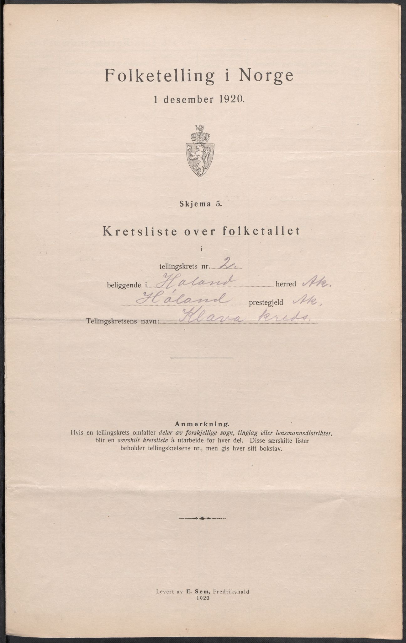 SAO, 1920 census for Høland, 1920, p. 13