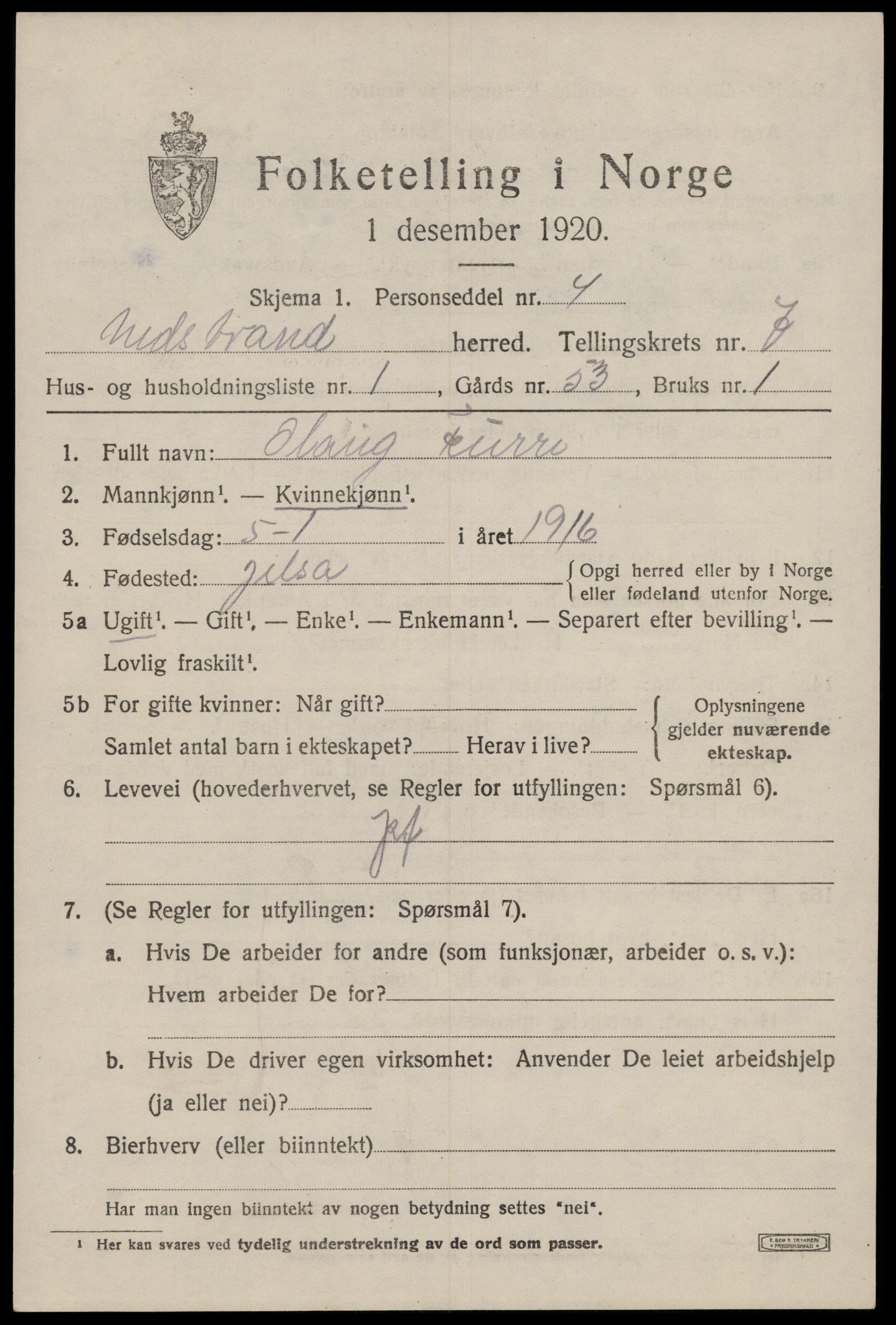 SAST, 1920 census for Nedstrand, 1920, p. 2655