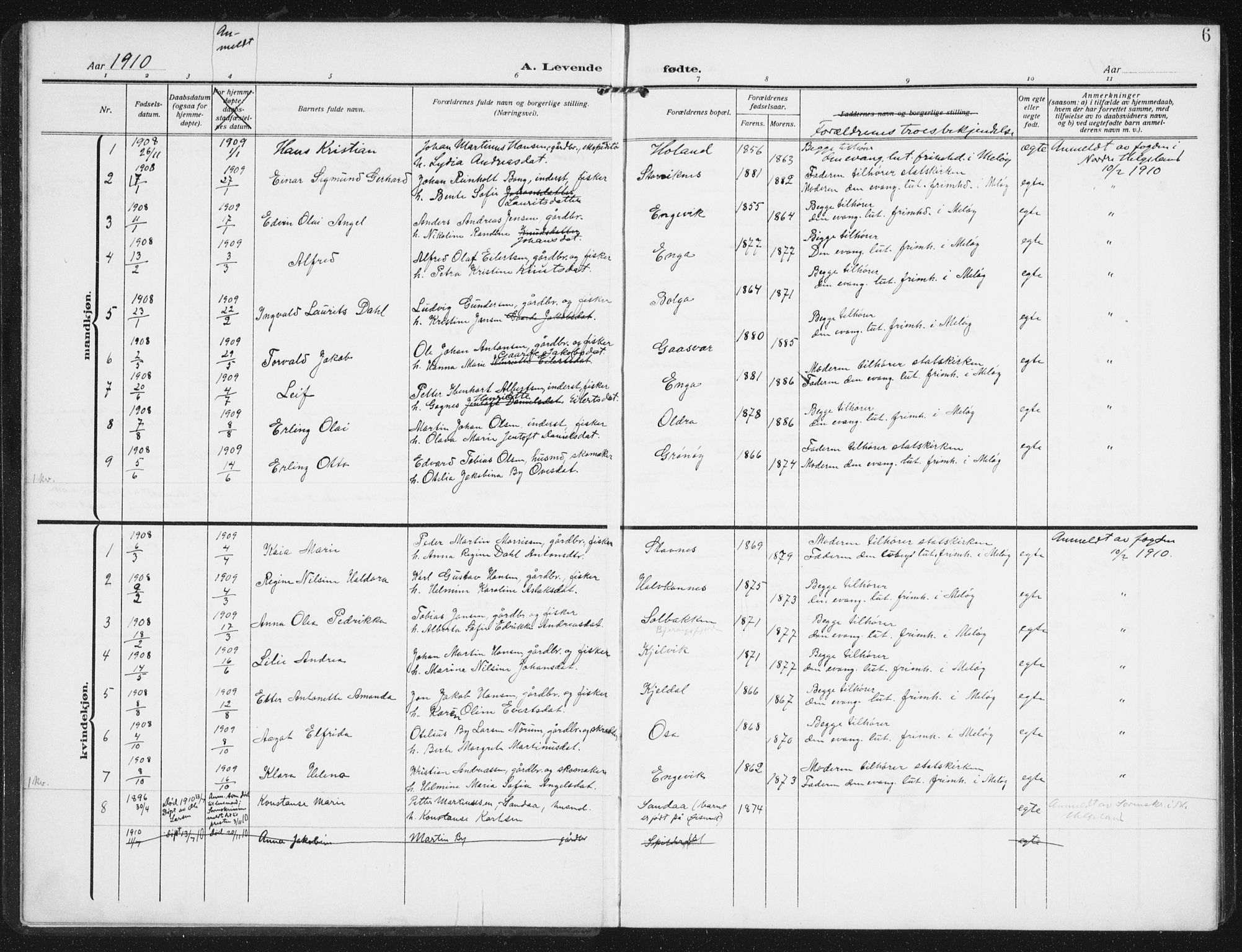 Ministerialprotokoller, klokkerbøker og fødselsregistre - Nordland, SAT/A-1459/843/L0629: Parish register (official) no. 843A04, 1907-1925, p. 6