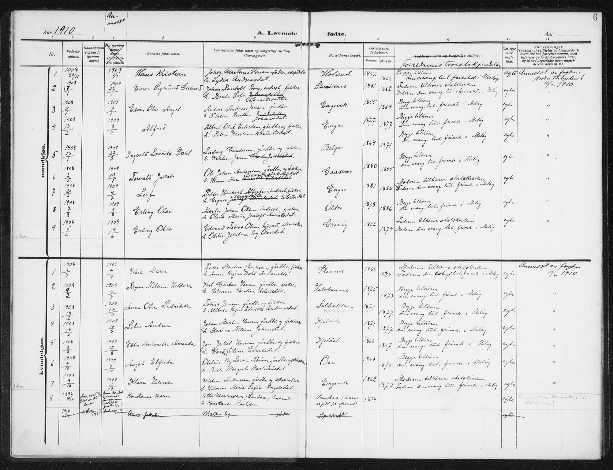 Ministerialprotokoller, klokkerbøker og fødselsregistre - Nordland, AV/SAT-A-1459/843/L0629: Parish register (official) no. 843A04, 1907-1925, p. 6