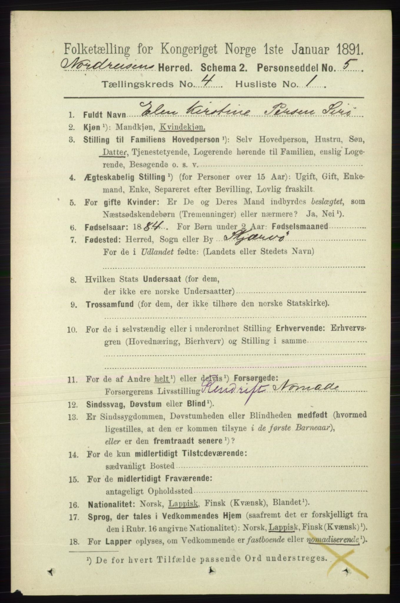 RA, 1891 census for 1942 Nordreisa, 1891, p. 1535