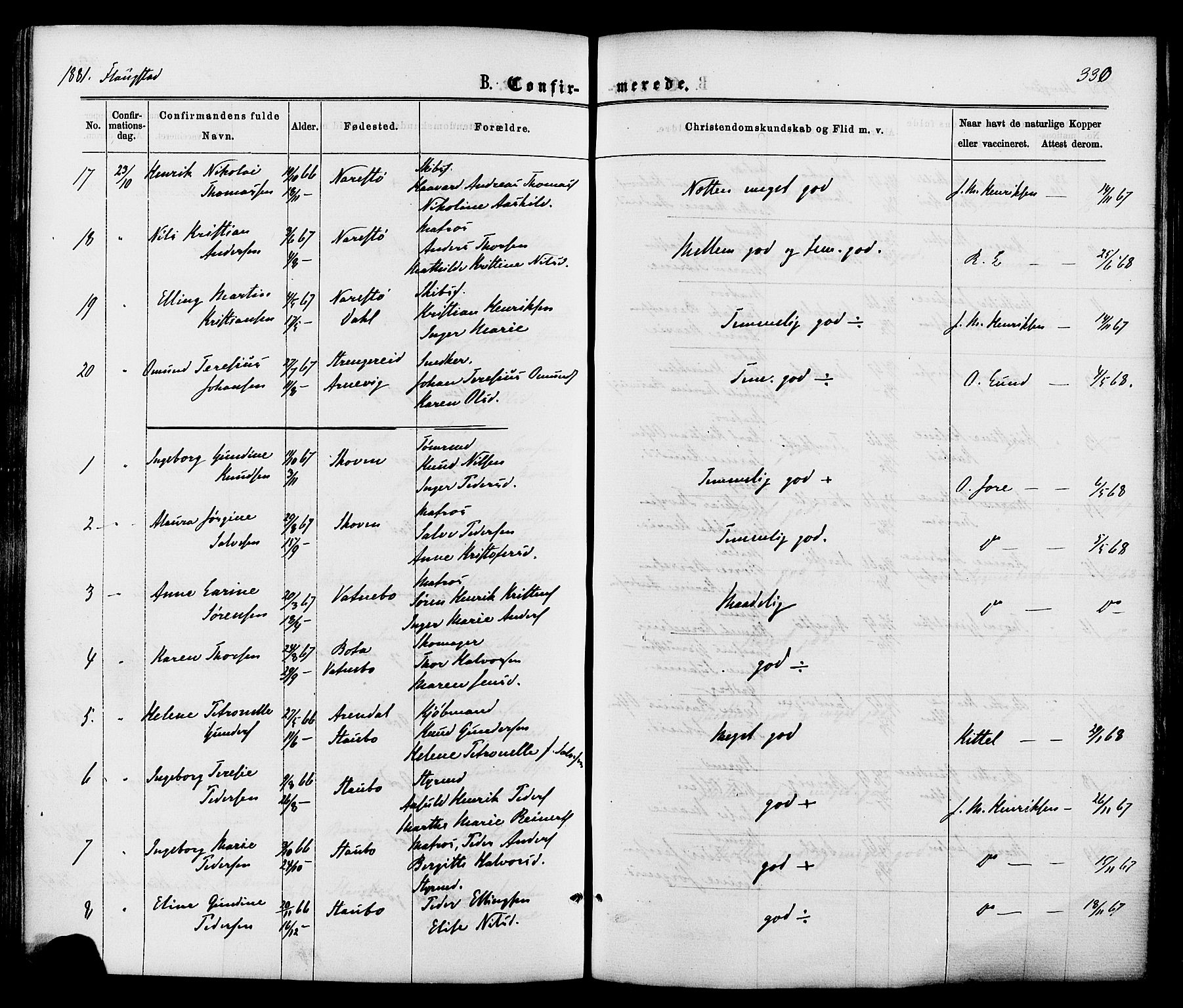 Dypvåg sokneprestkontor, SAK/1111-0007/F/Fa/Faa/L0007: Parish register (official) no. A 7 /2, 1877-1884, p. 330