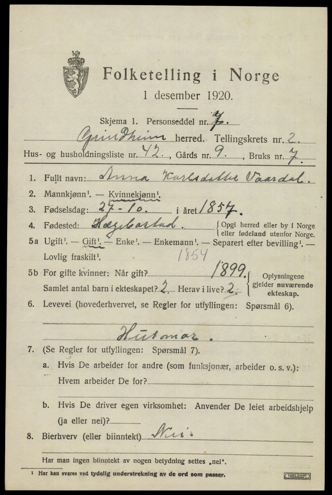 SAK, 1920 census for Grindheim, 1920, p. 881