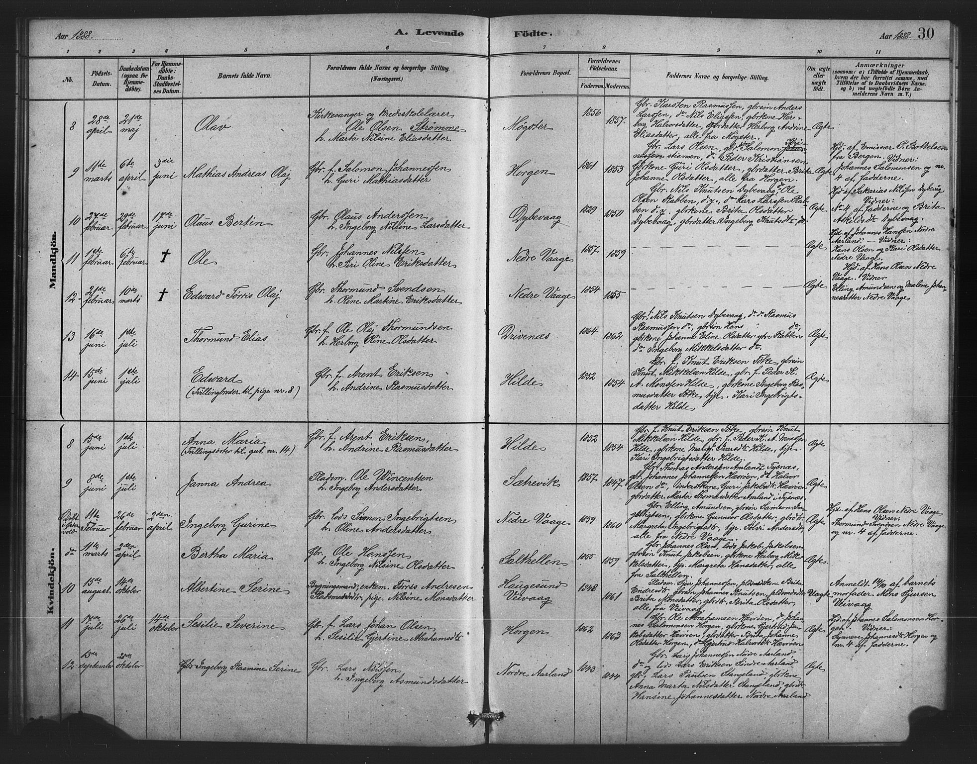 Austevoll Sokneprestembete, SAB/A-74201/H/Hab: Parish register (copy) no. B 3, 1879-1888, p. 30