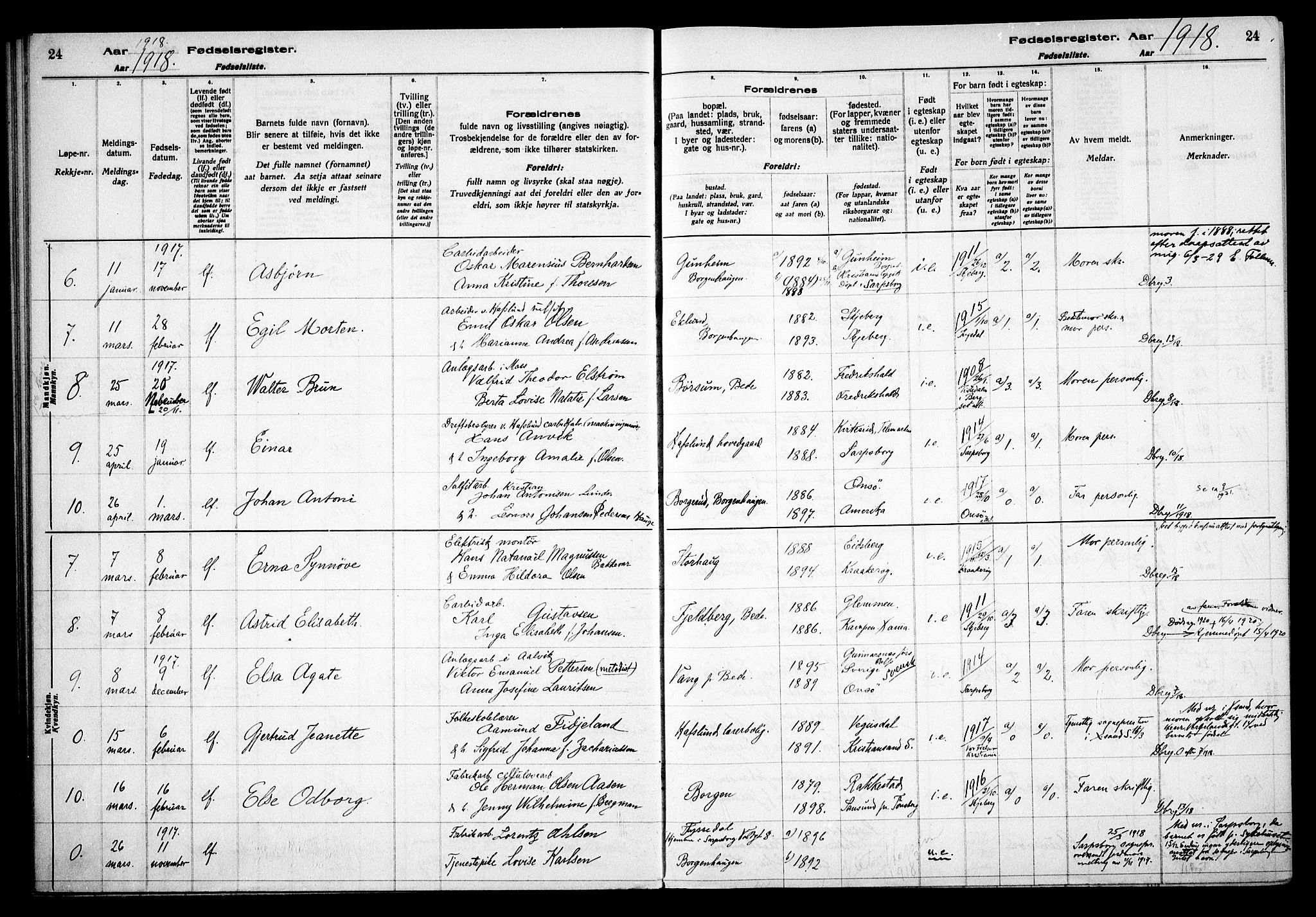 Skjeberg prestekontor Kirkebøker, AV/SAO-A-10923/J/Jd/L0001: Birth register no. IV 1, 1916-1935, p. 24