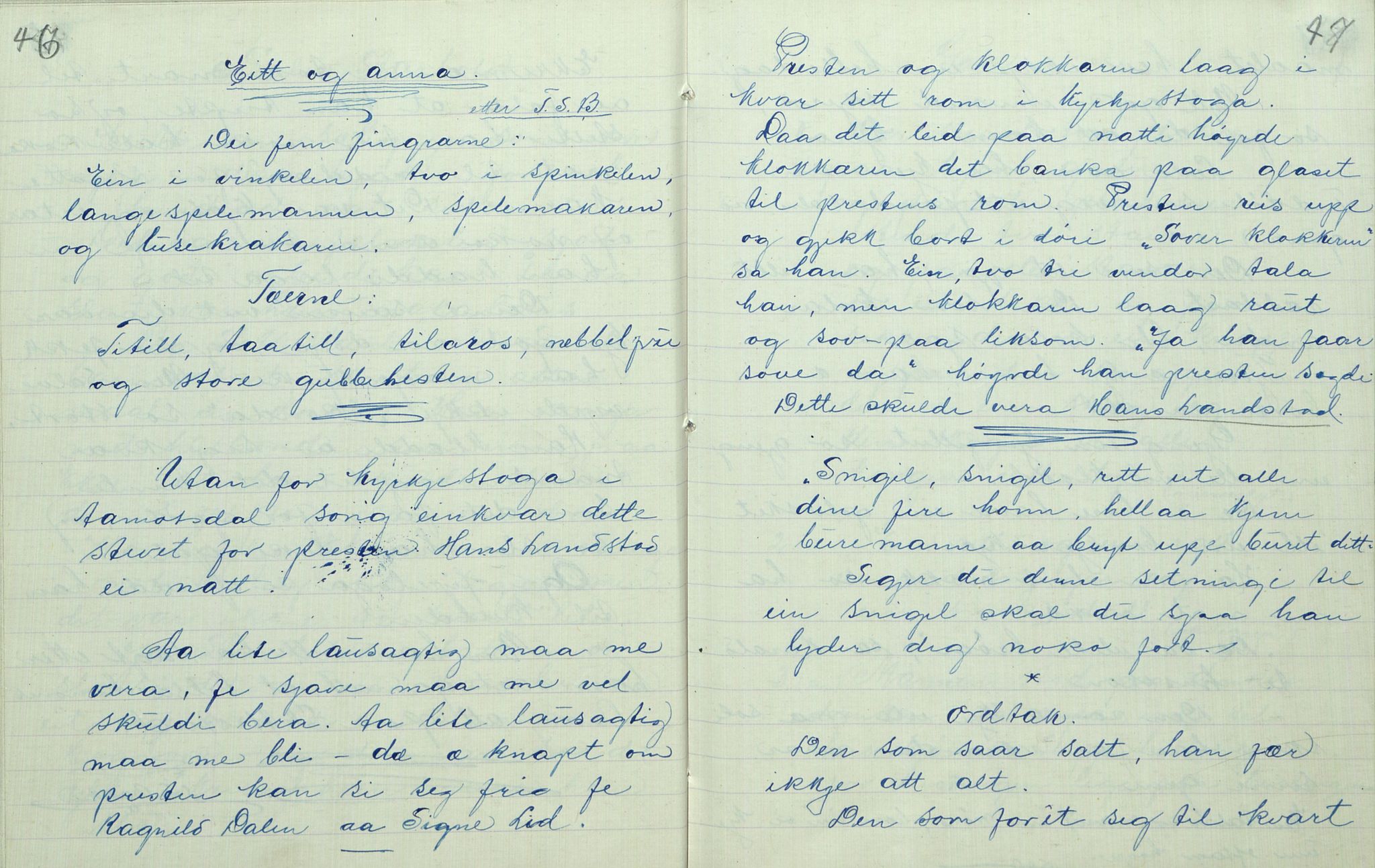 Rikard Berge, TEMU/TGM-A-1003/F/L0007/0036: 251-299 / 286 Uppskriftir av O. T. Bakken, 1918, p. 46-47