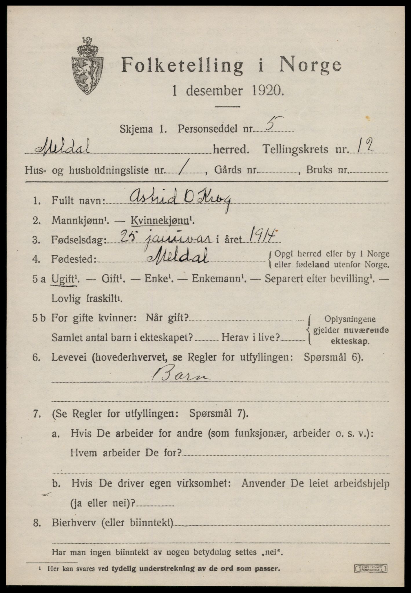 SAT, 1920 census for Meldal, 1920, p. 9139