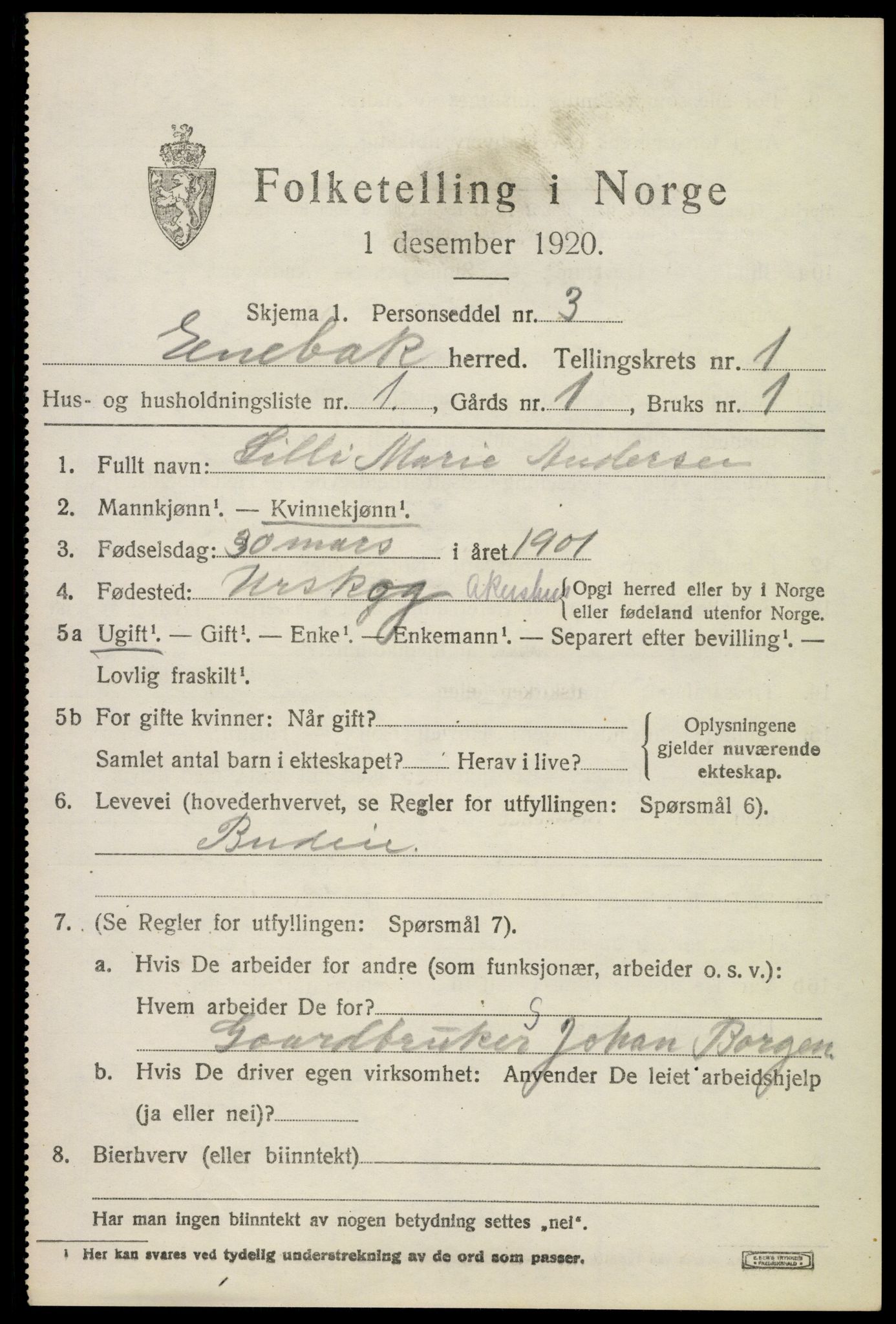 SAO, 1920 census for Enebakk, 1920, p. 1043