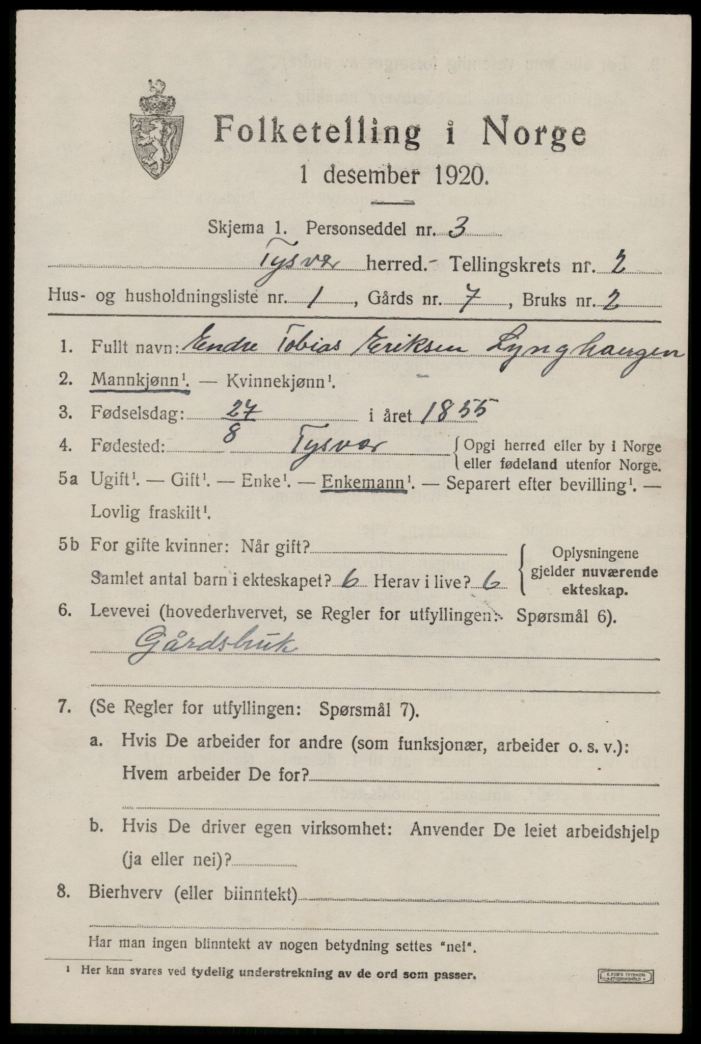 SAST, 1920 census for Tysvær, 1920, p. 1168