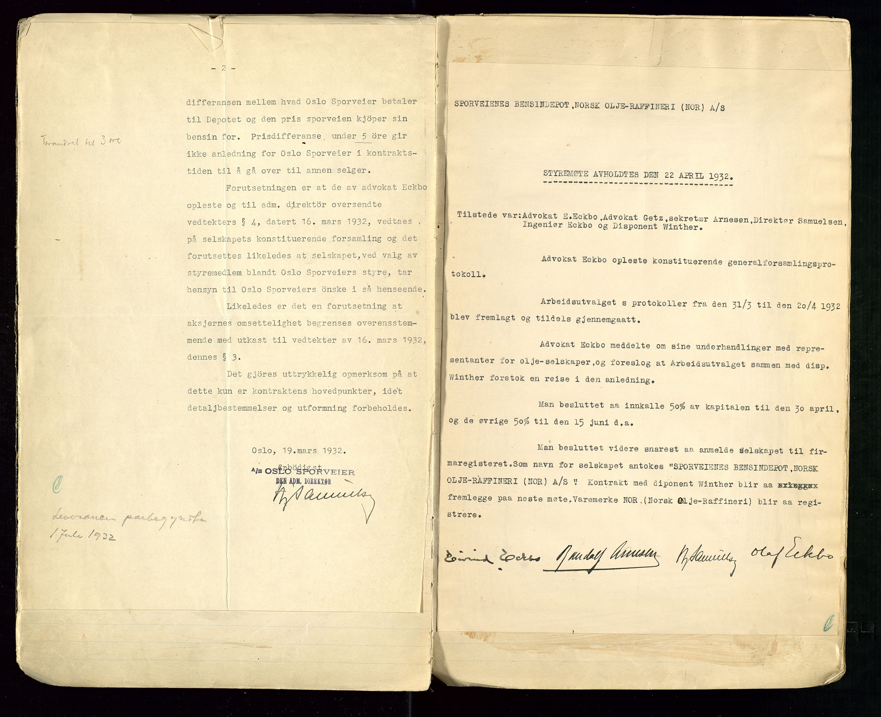 Pa 1514 - Sporveienes Bensindepot, Norsk Oljeraffineri A/S, AV/SAST-A-101919/A/L0001/0001: Styreprotokoll. Forhandlingsprotokoll Arbeidsutvaget / Styreprotokoll, 1932-1949, p. 9