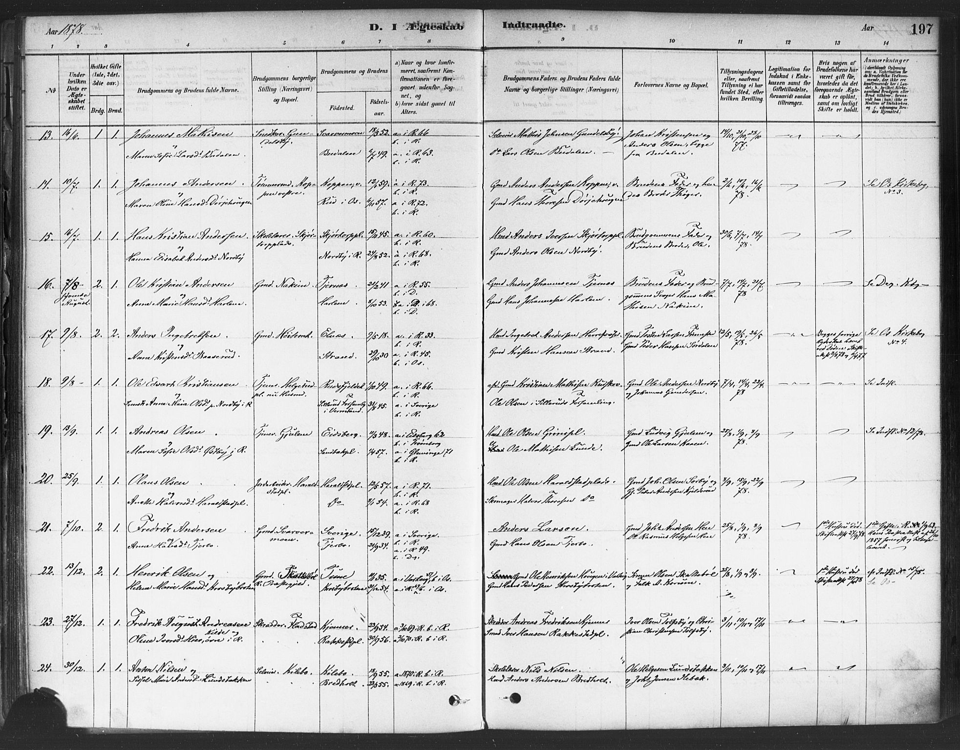 Rakkestad prestekontor Kirkebøker, AV/SAO-A-2008/F/Fa/L0012: Parish register (official) no. I 12, 1878-1893, p. 197