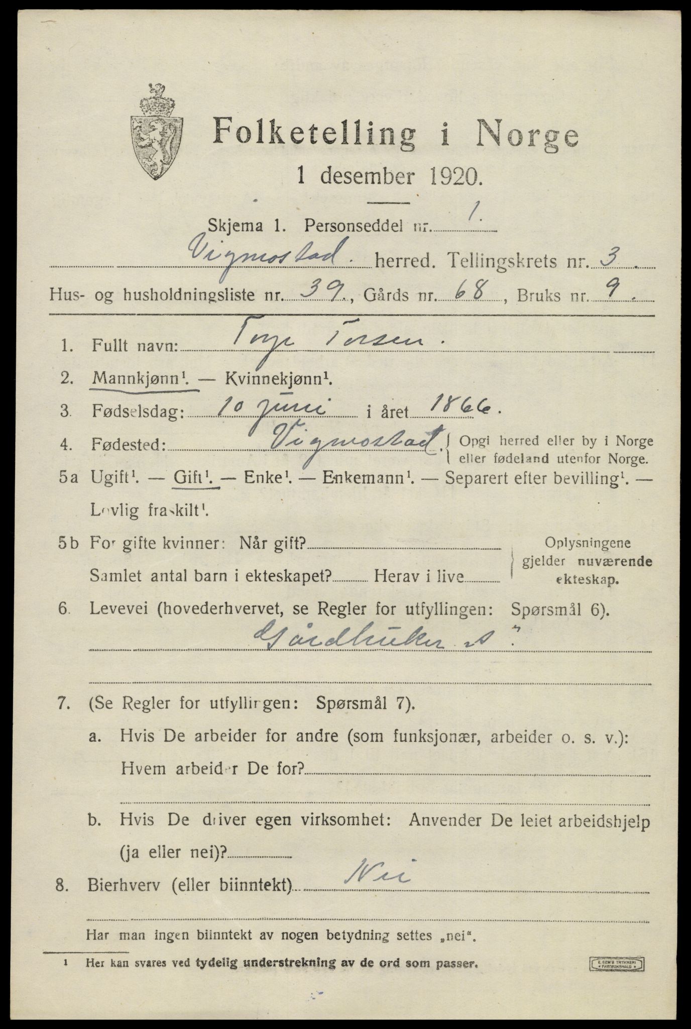 SAK, 1920 census for Vigmostad, 1920, p. 1135