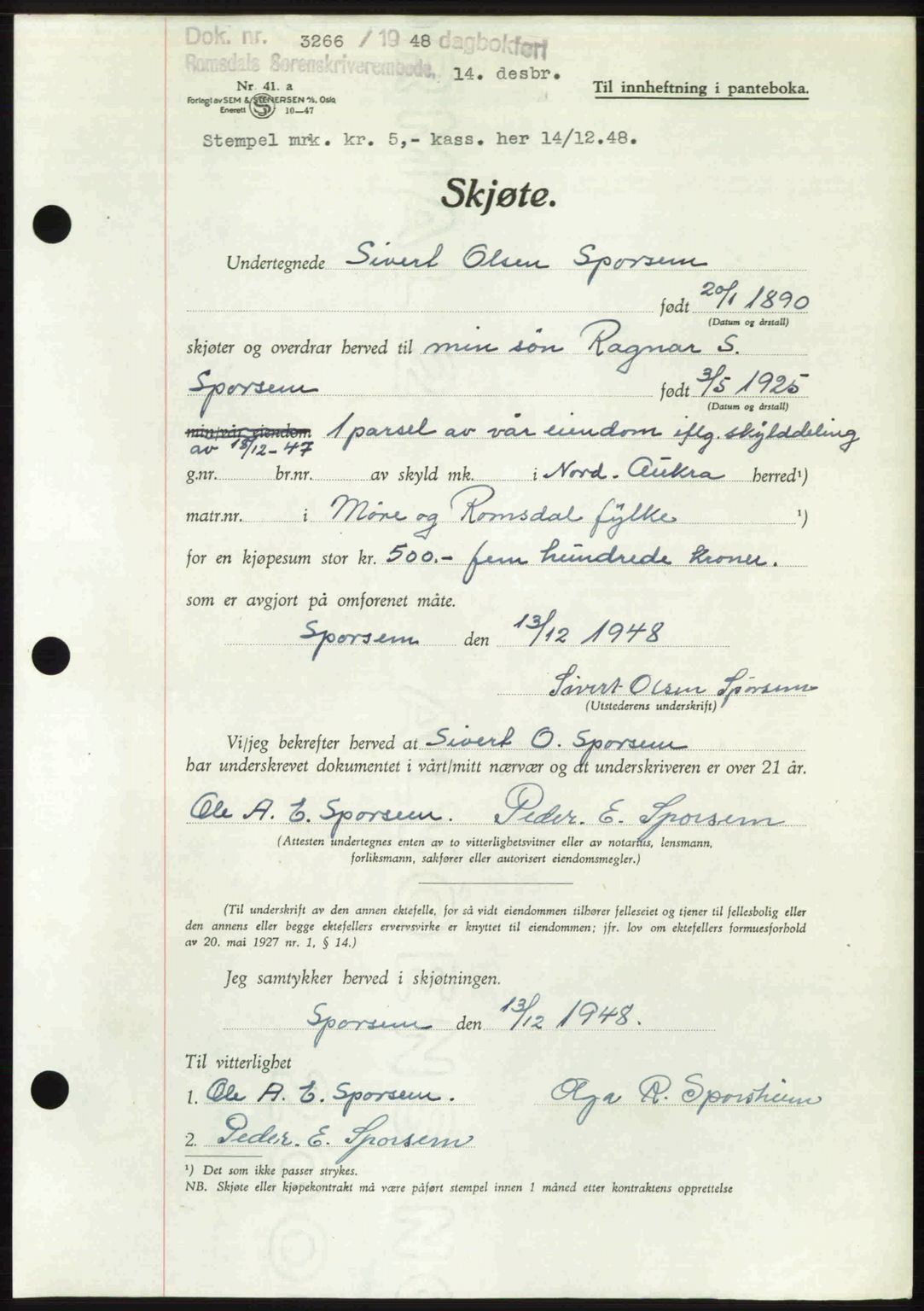 Romsdal sorenskriveri, AV/SAT-A-4149/1/2/2C: Mortgage book no. A28, 1948-1949, Diary no: : 3266/1948