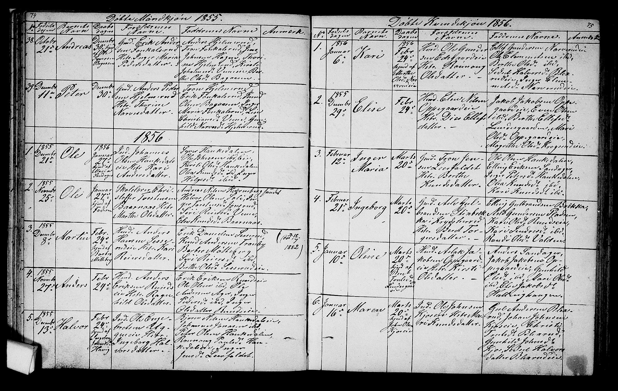 Lunder kirkebøker, SAKO/A-629/G/Ga/L0002: Parish register (copy) no. I 2, 1849-1868, p. 74-75