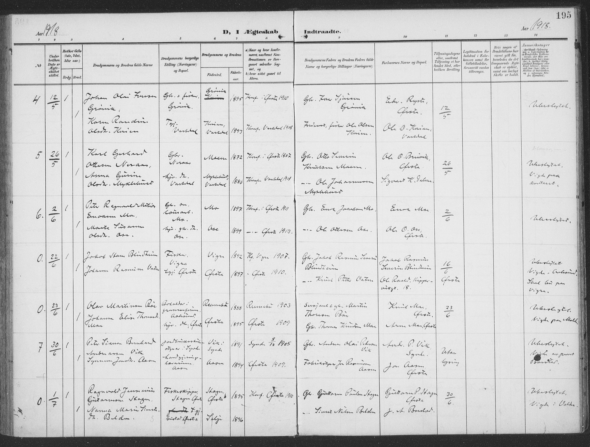 Ministerialprotokoller, klokkerbøker og fødselsregistre - Møre og Romsdal, SAT/A-1454/513/L0178: Parish register (official) no. 513A05, 1906-1919, p. 195