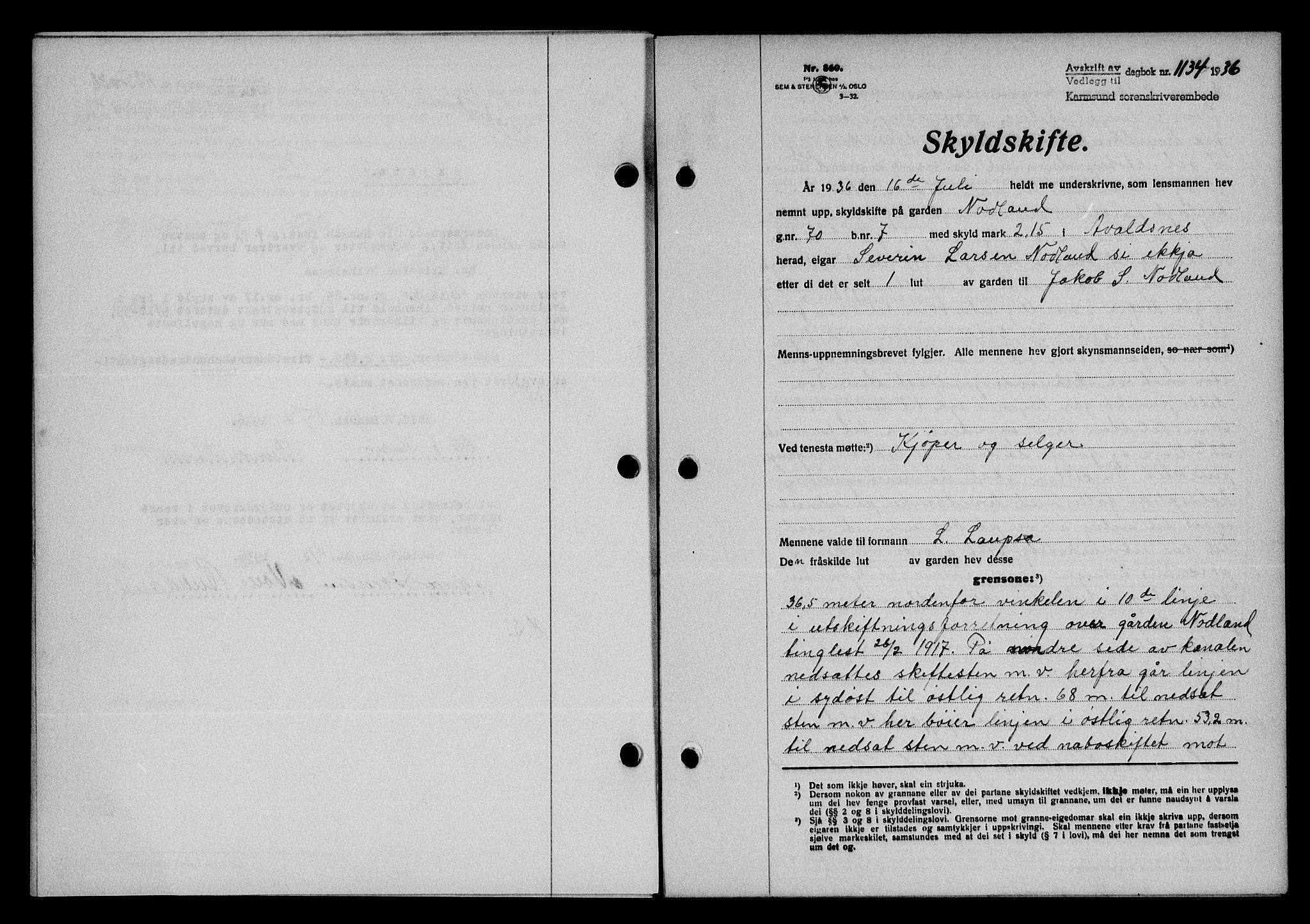 Karmsund sorenskriveri, SAST/A-100311/01/II/IIB/L0066: Mortgage book no. 47A, 1936-1936, Diary no: : 1134/1936