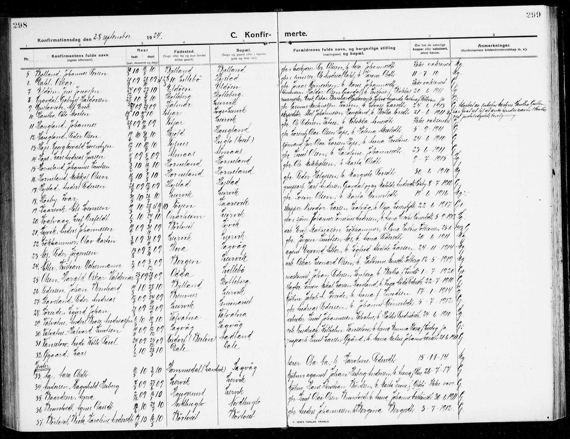 Stord sokneprestembete, SAB/A-78201/H/Haa: Parish register (official) no. B 3, 1913-1925, p. 298-299