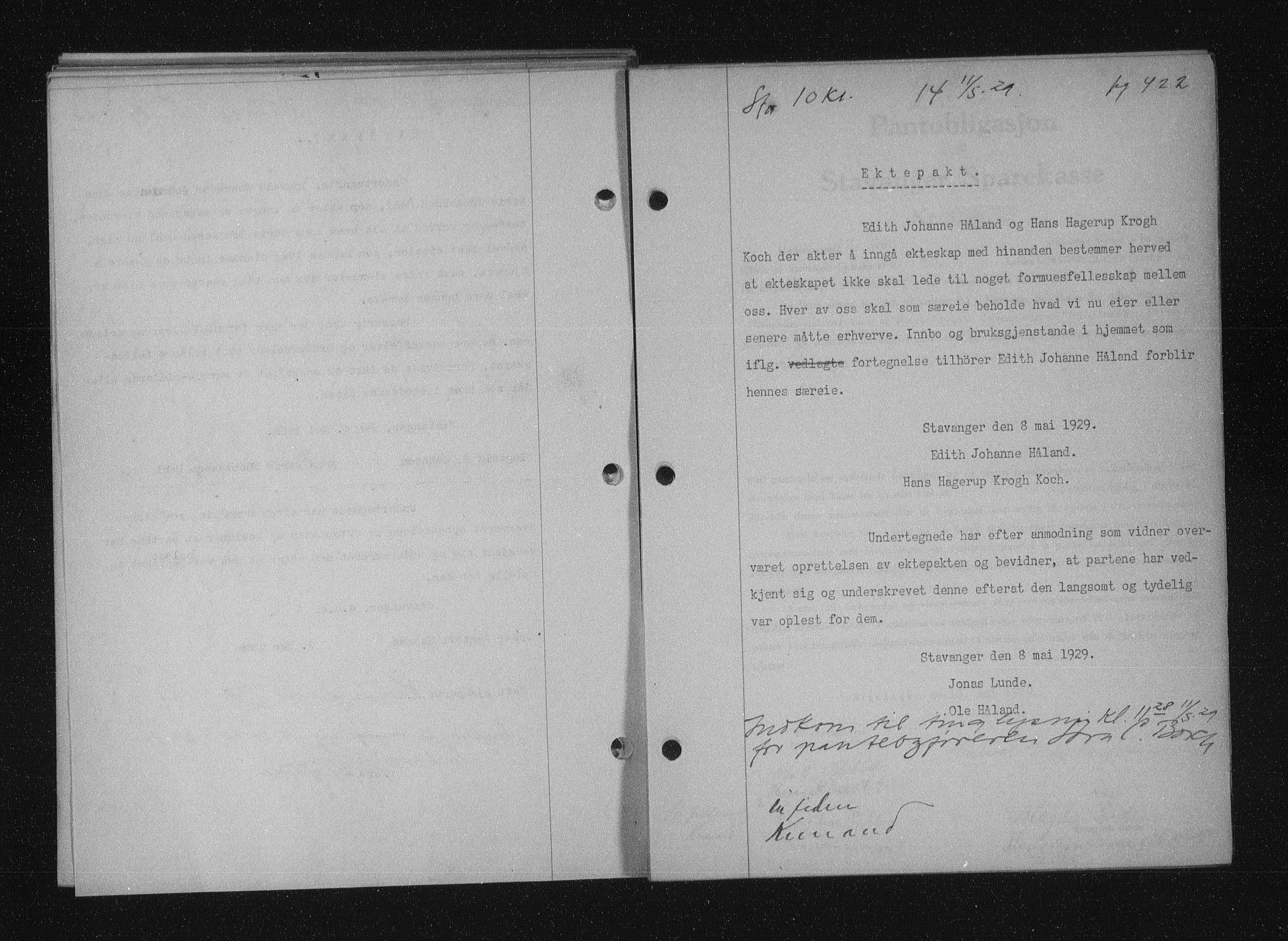 Stavanger byfogd, SAST/A-101408/001/4/41/410/410BB/L0055: Mortgage book no. 43, 1928-1929, Deed date: 11.05.1929