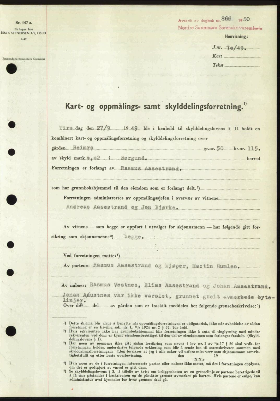 Nordre Sunnmøre sorenskriveri, AV/SAT-A-0006/1/2/2C/2Ca: Mortgage book no. A34, 1950-1950, Diary no: : 866/1950