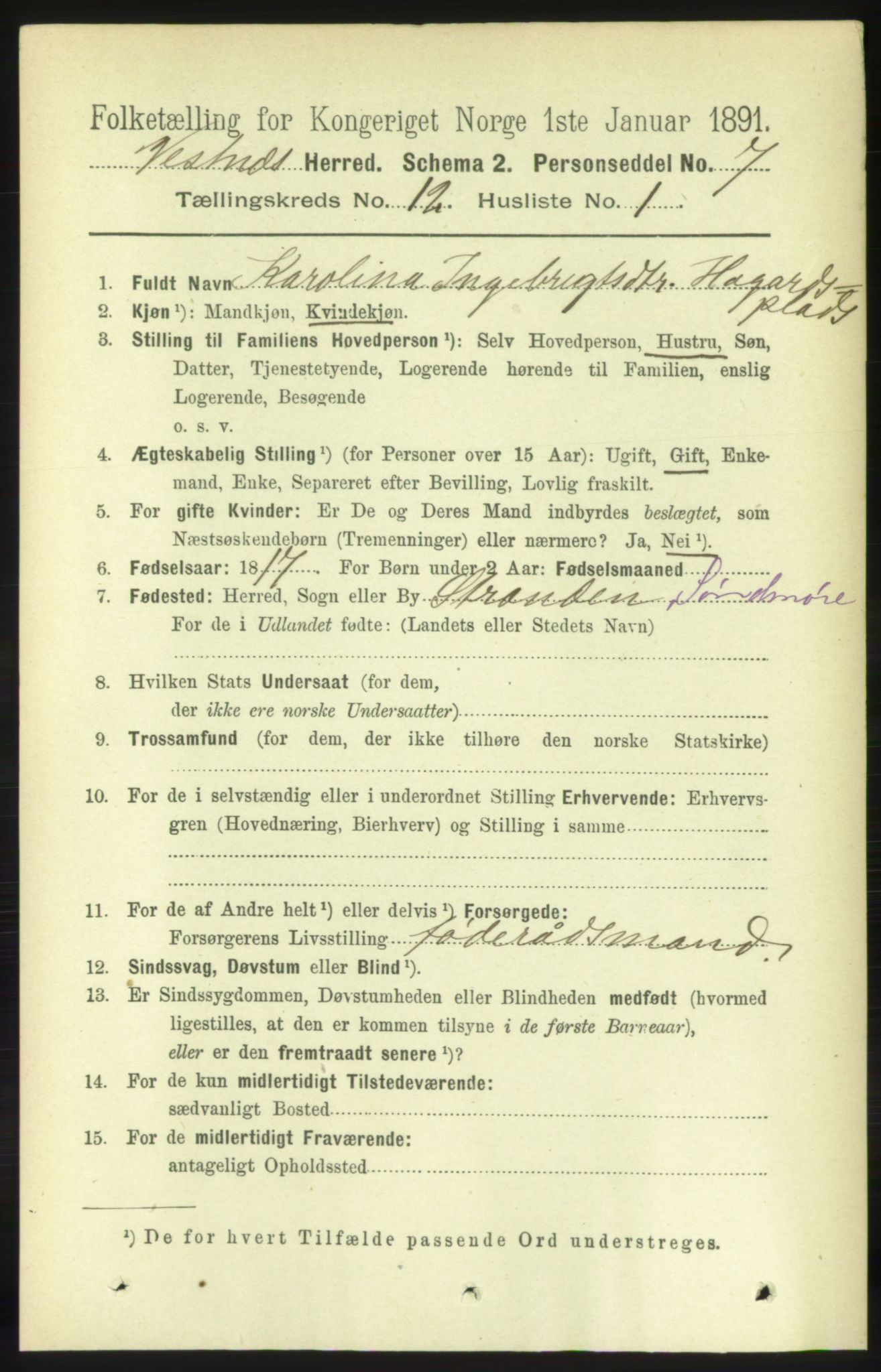 RA, 1891 census for 1535 Vestnes, 1891, p. 4422