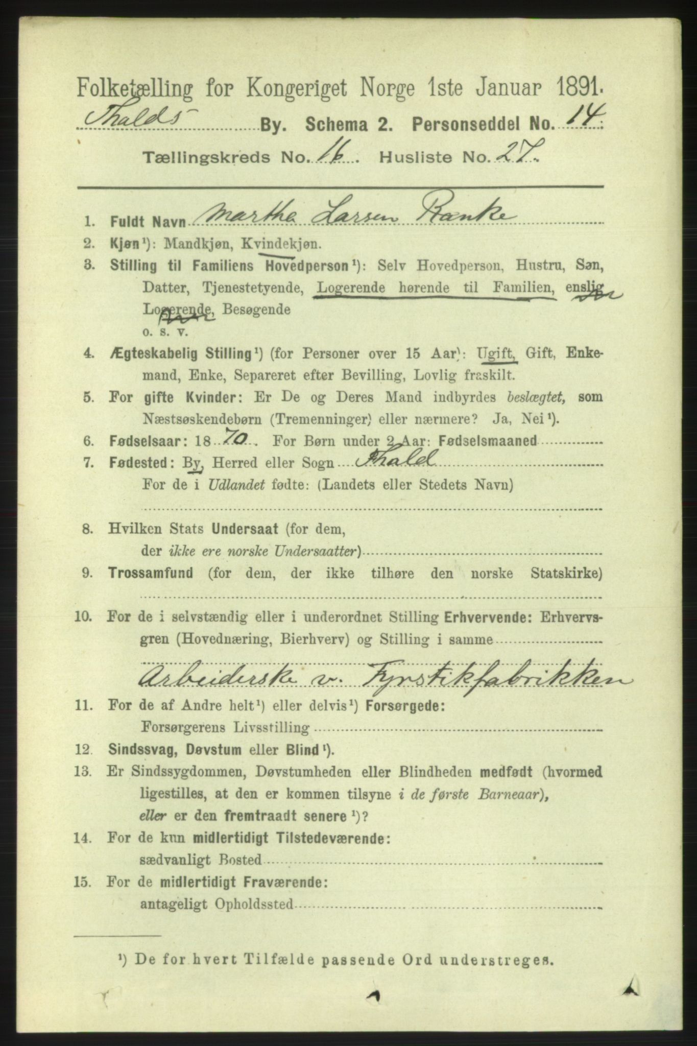 RA, 1891 census for 0101 Fredrikshald, 1891, p. 10871