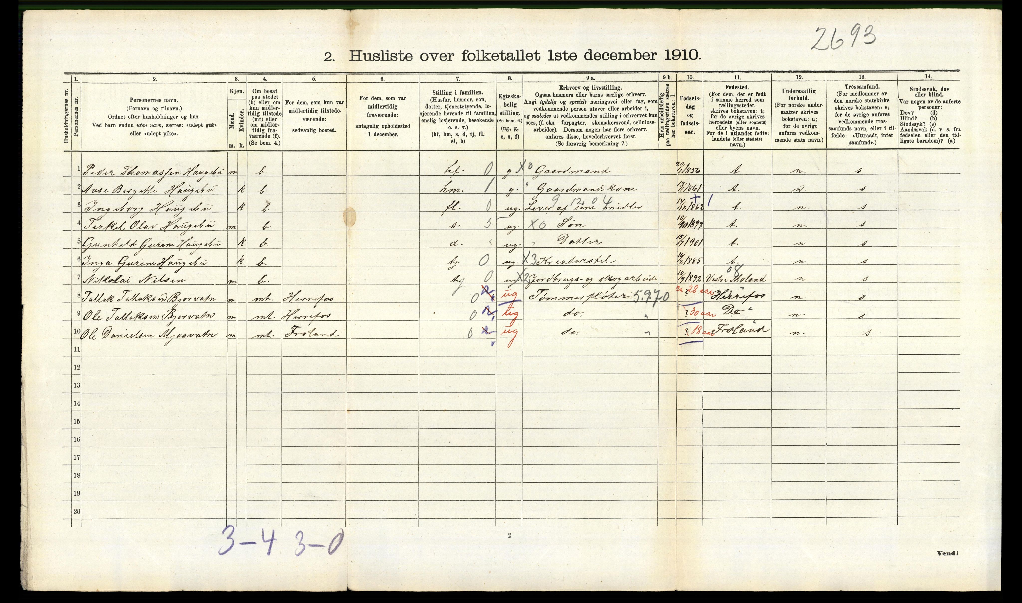 RA, 1910 census for Landvik, 1910, p. 833