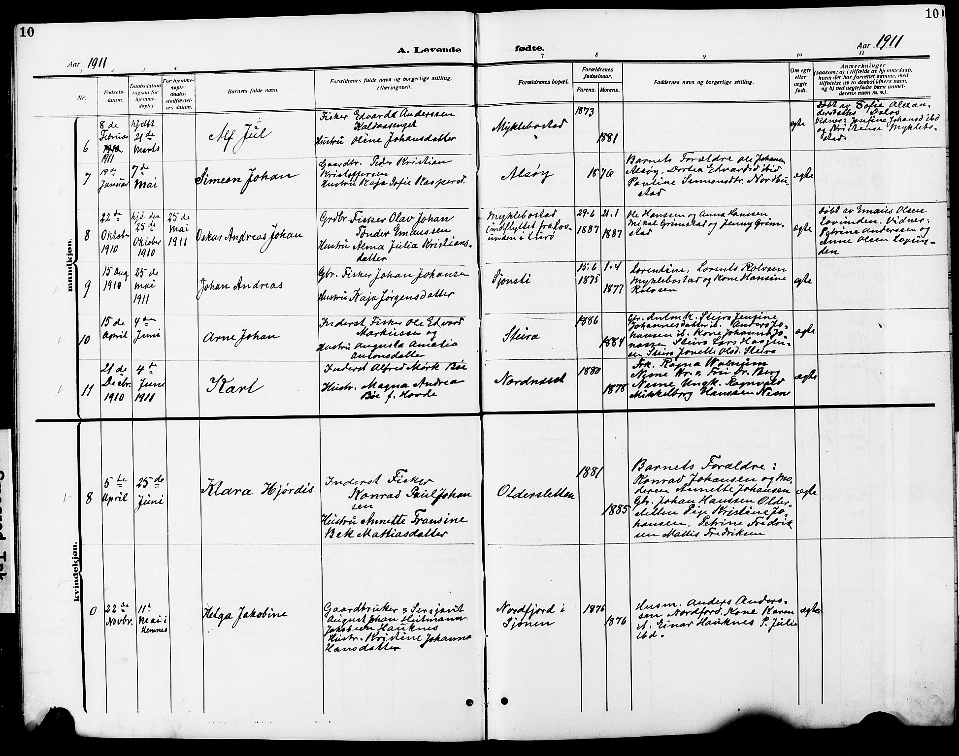 Ministerialprotokoller, klokkerbøker og fødselsregistre - Nordland, AV/SAT-A-1459/838/L0560: Parish register (copy) no. 838C07, 1910-1928, p. 10