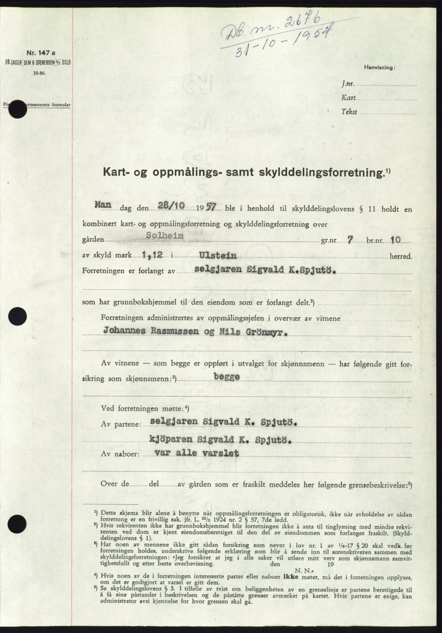 Søre Sunnmøre sorenskriveri, AV/SAT-A-4122/1/2/2C/L0108: Mortgage book no. 34A, 1957-1958, Diary no: : 2676/1957