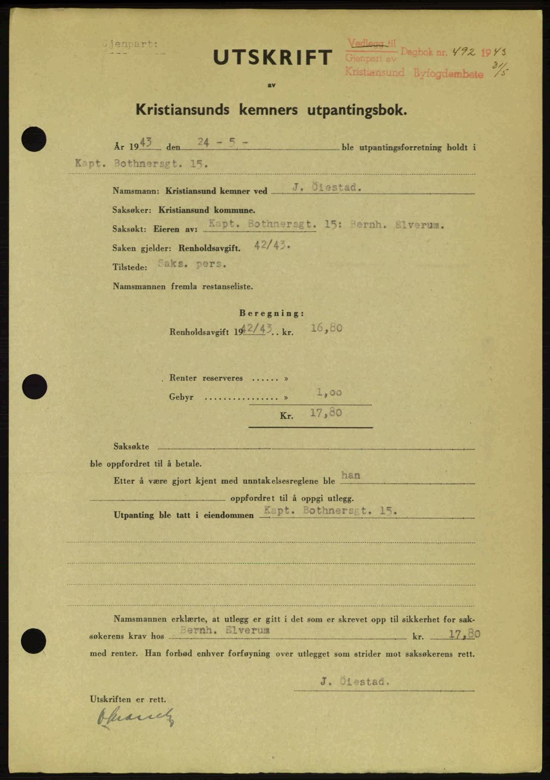 Kristiansund byfogd, SAT/A-4587/A/27: Mortgage book no. 36, 1942-1943, Diary no: : 492/1943