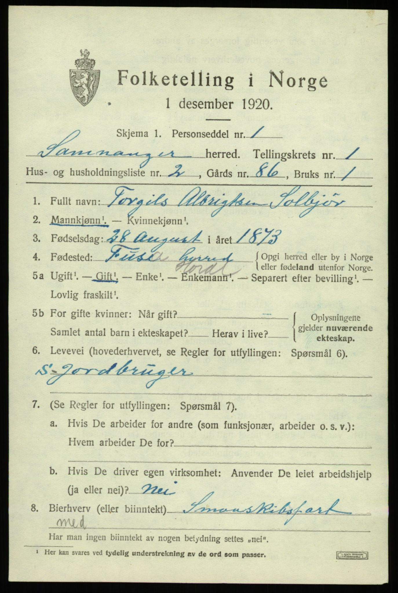 SAB, 1920 census for Samnanger, 1920, p. 859