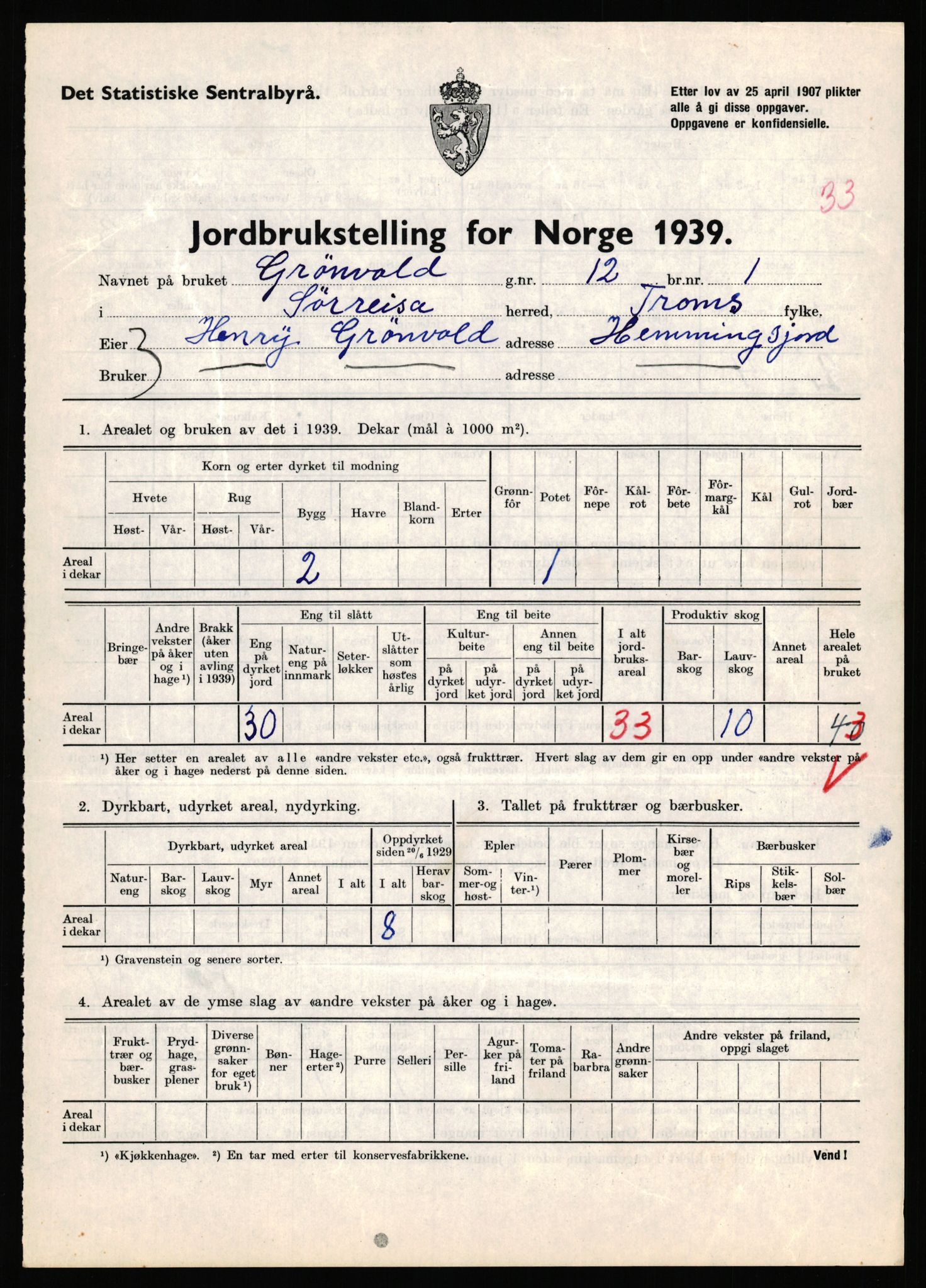 Statistisk sentralbyrå, Næringsøkonomiske emner, Jordbruk, skogbruk, jakt, fiske og fangst, AV/RA-S-2234/G/Gb/L0341: Troms: Sørreisa og Tranøy, 1939, p. 260