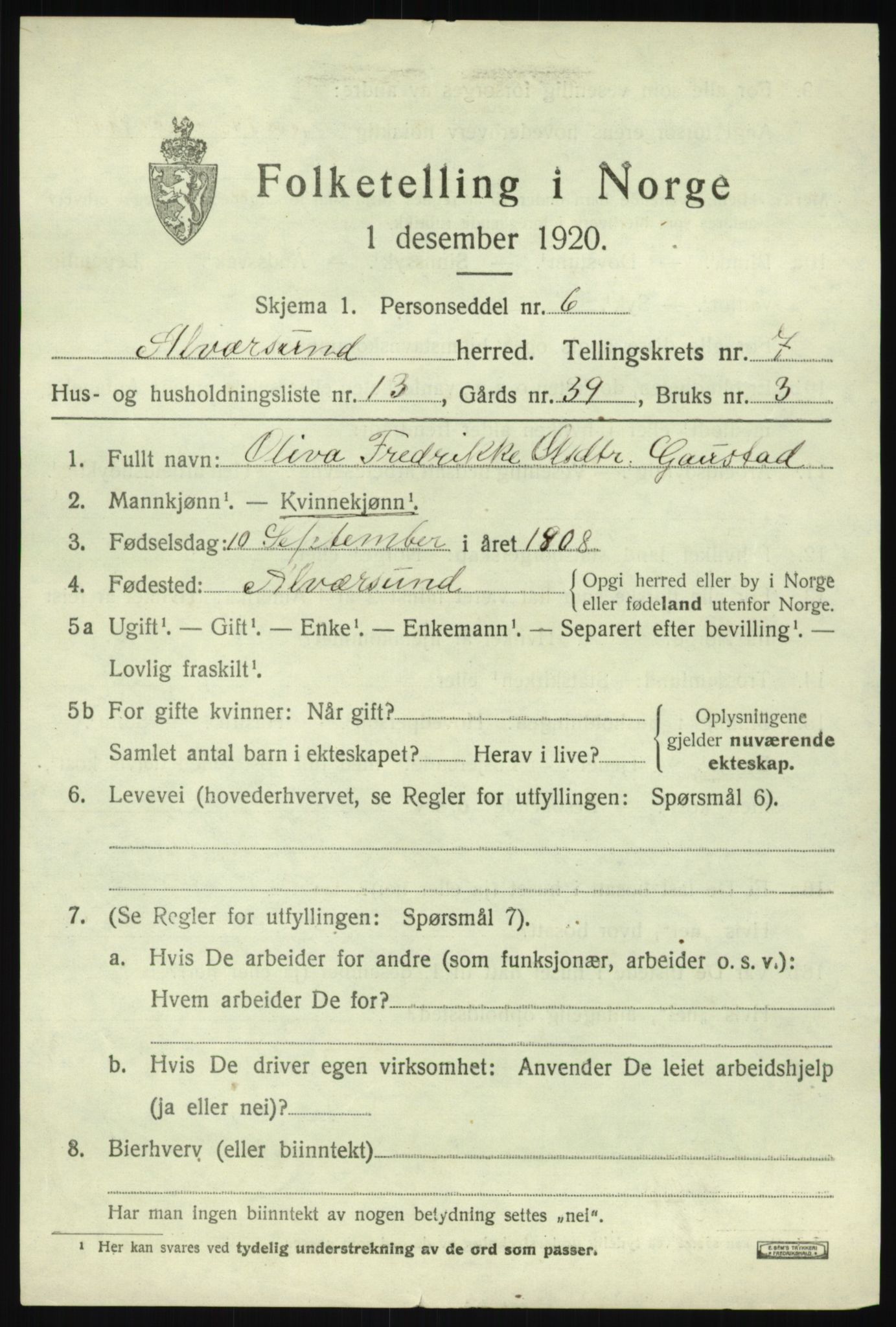 SAB, 1920 census for Alversund, 1920, p. 4830