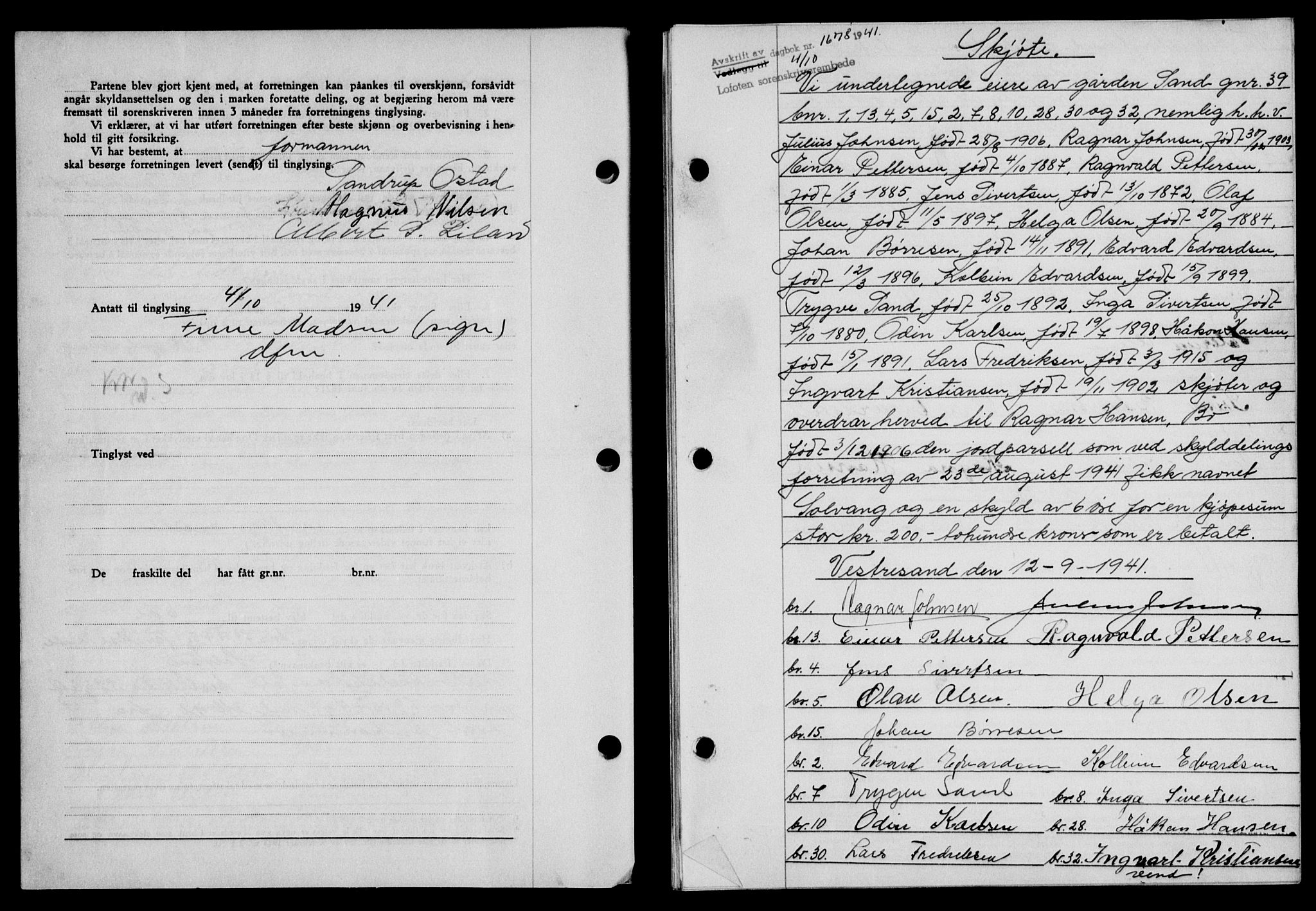 Lofoten sorenskriveri, SAT/A-0017/1/2/2C/L0009a: Mortgage book no. 9a, 1941-1942, Diary no: : 1678/1941