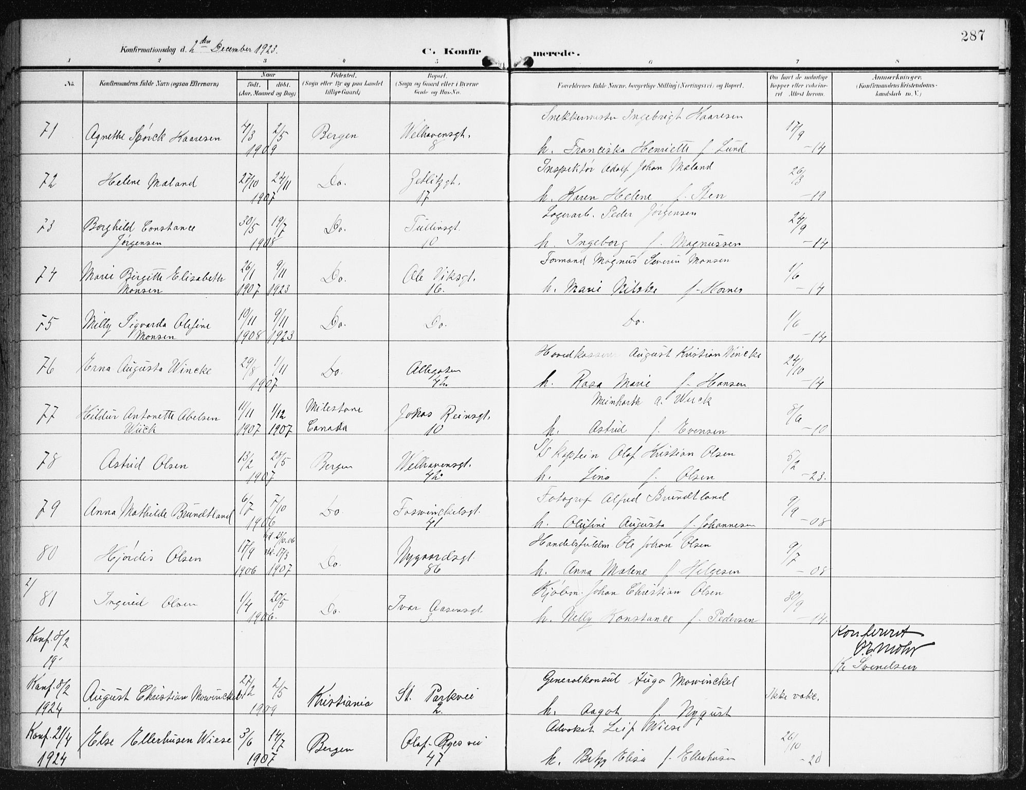 Johanneskirken sokneprestembete, AV/SAB-A-76001/H/Haa/L0009: Parish register (official) no. C 2, 1907-1924, p. 287