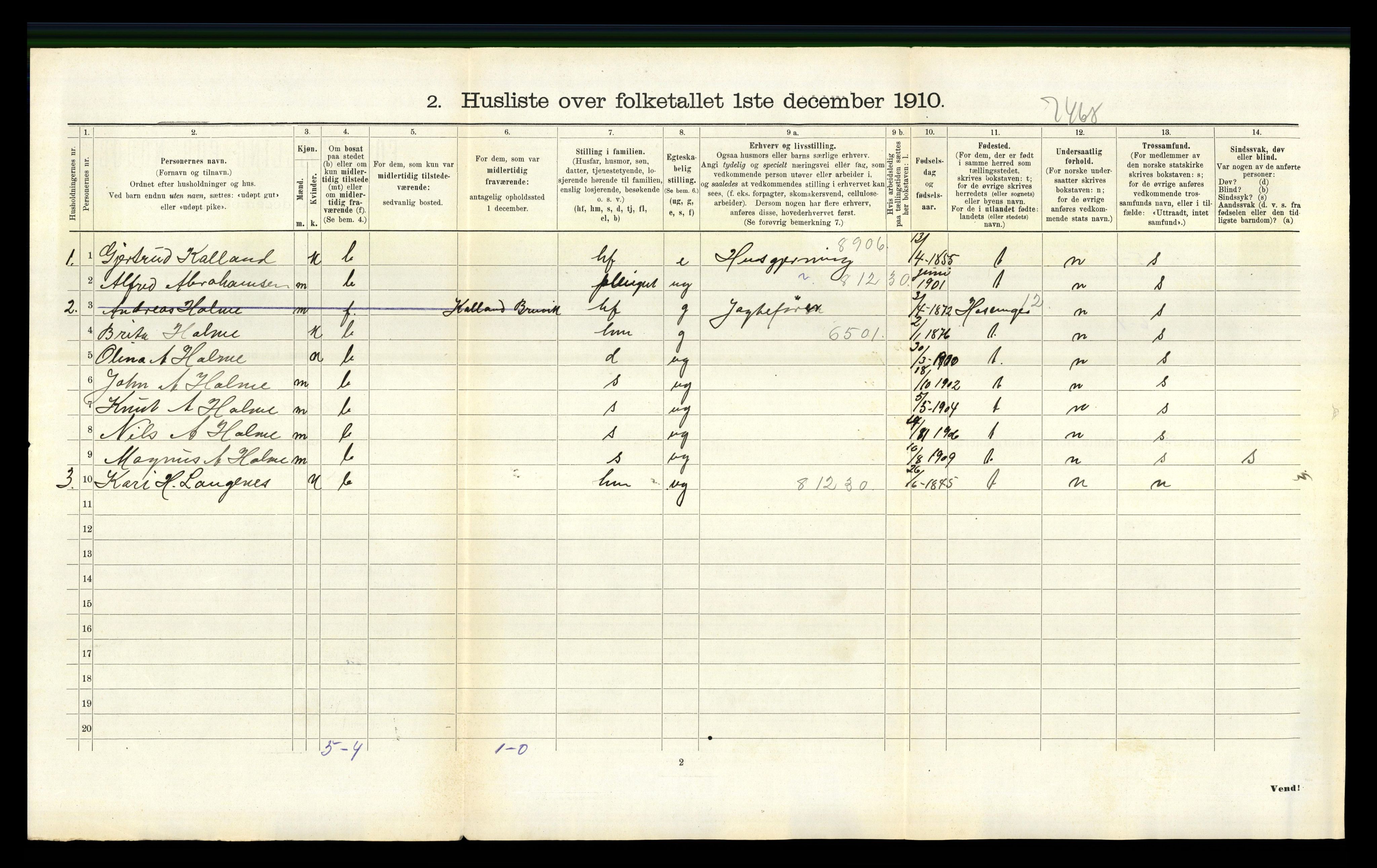 RA, 1910 census for Bruvik, 1910, p. 911