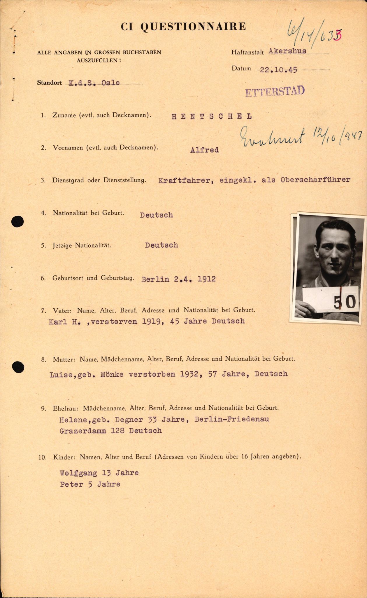 Forsvaret, Forsvarets overkommando II, AV/RA-RAFA-3915/D/Db/L0012: CI Questionaires. Tyske okkupasjonsstyrker i Norge. Tyskere., 1945-1946, p. 531