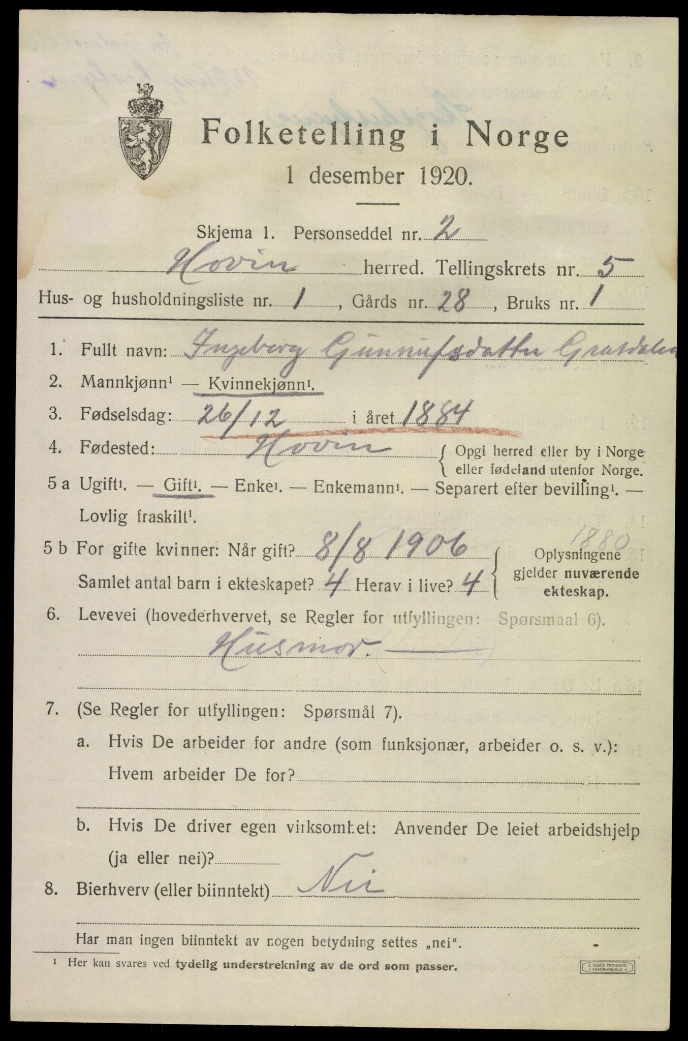 SAKO, 1920 census for Hovin, 1920, p. 1325