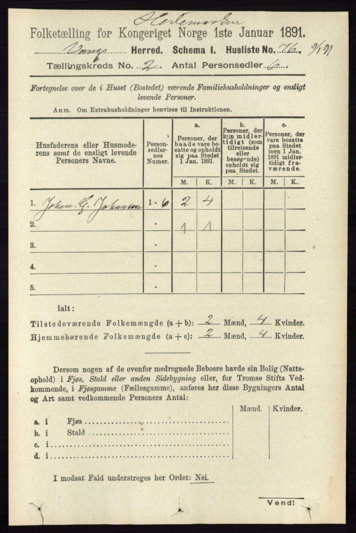 RA, 1891 census for 0414 Vang, 1891, p. 1007