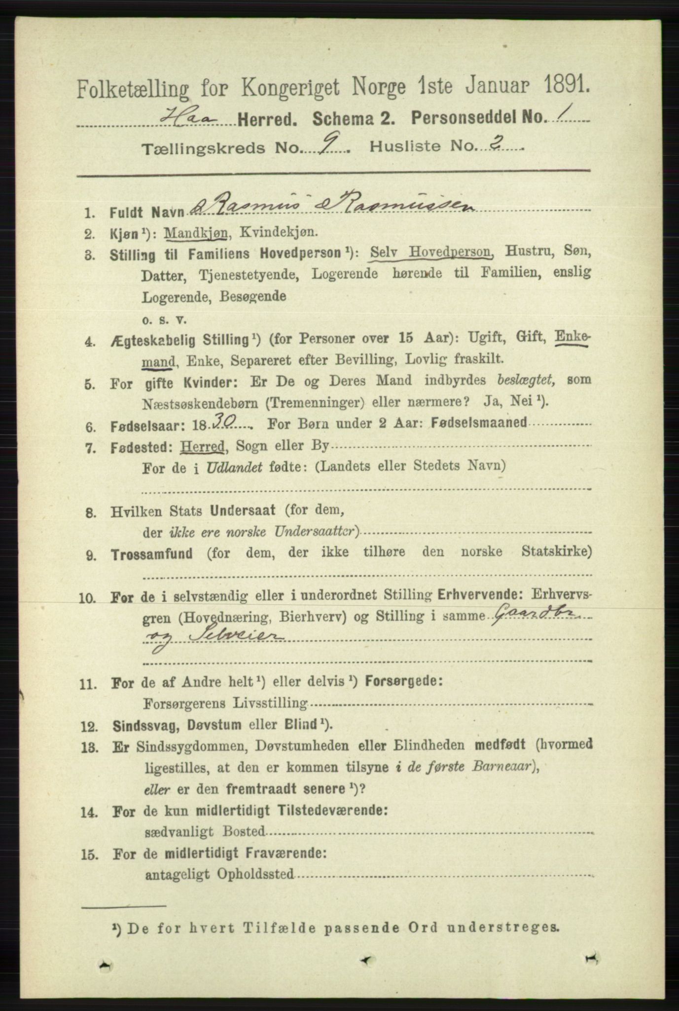 RA, 1891 census for 1119 Hå, 1891, p. 2200