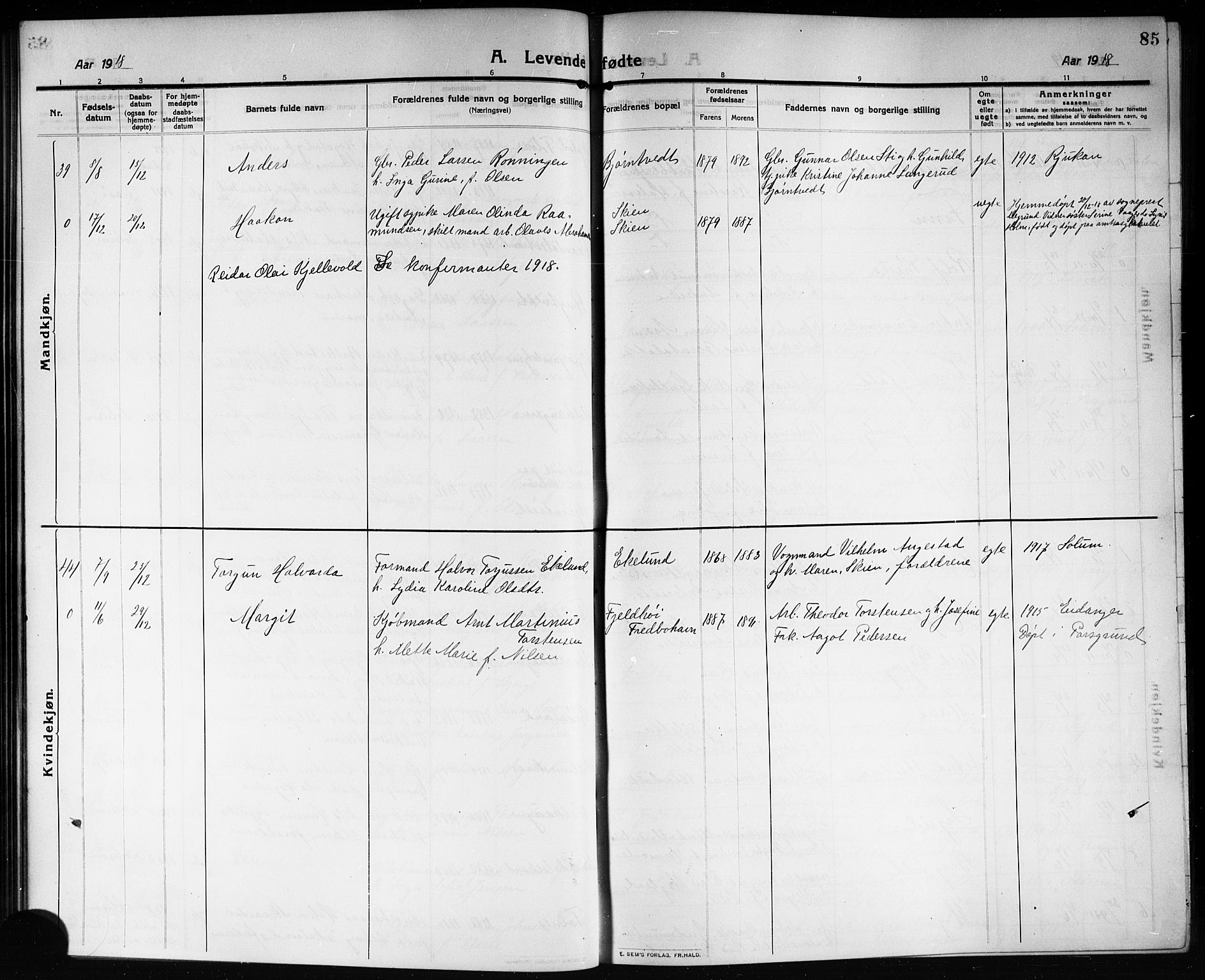 Solum kirkebøker, SAKO/A-306/G/Ga/L0009: Parish register (copy) no. I 9, 1909-1922, p. 85