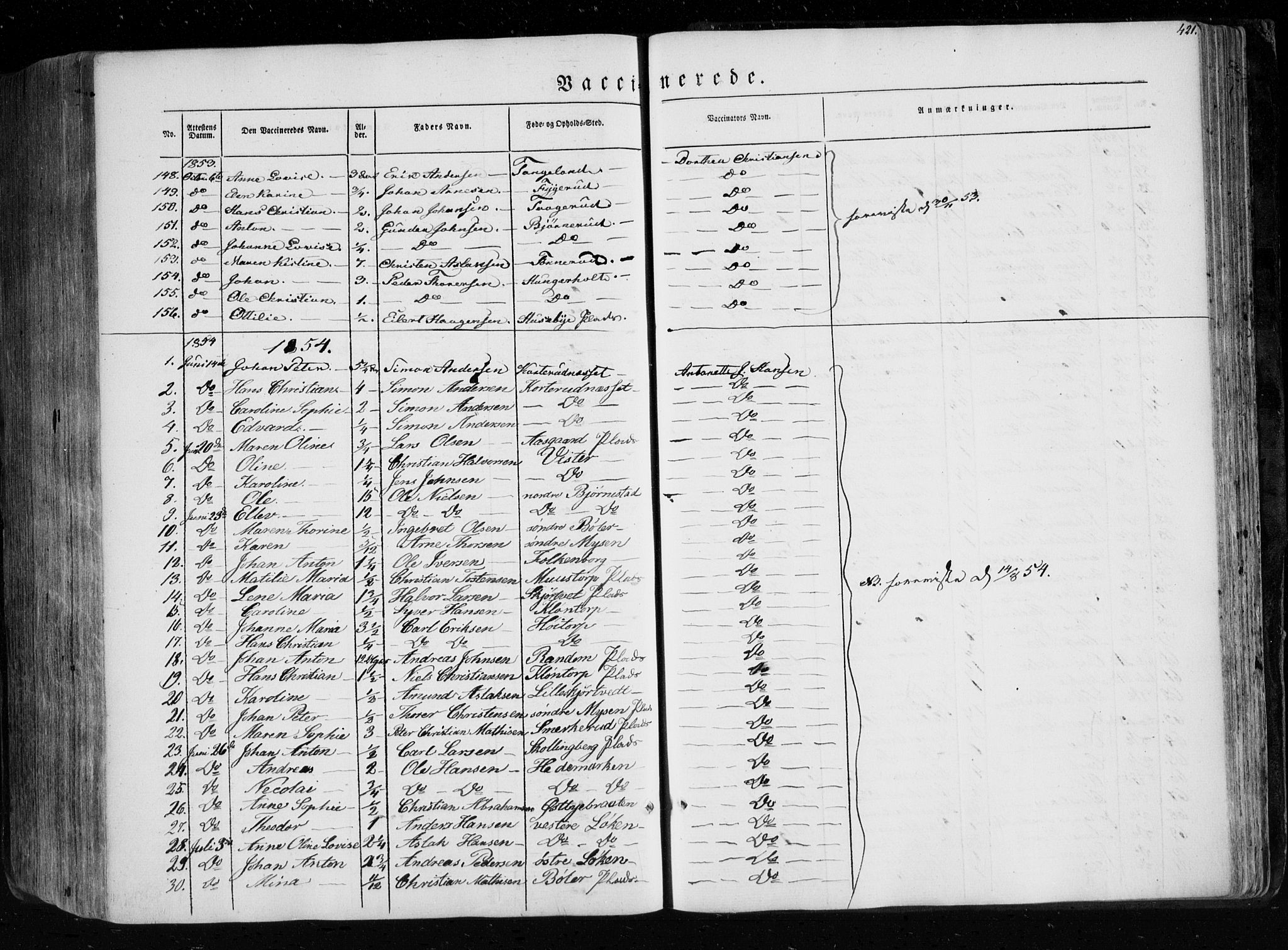 Eidsberg prestekontor Kirkebøker, SAO/A-10905/F/Fa/L0009: Parish register (official) no. I 9, 1849-1856, p. 421