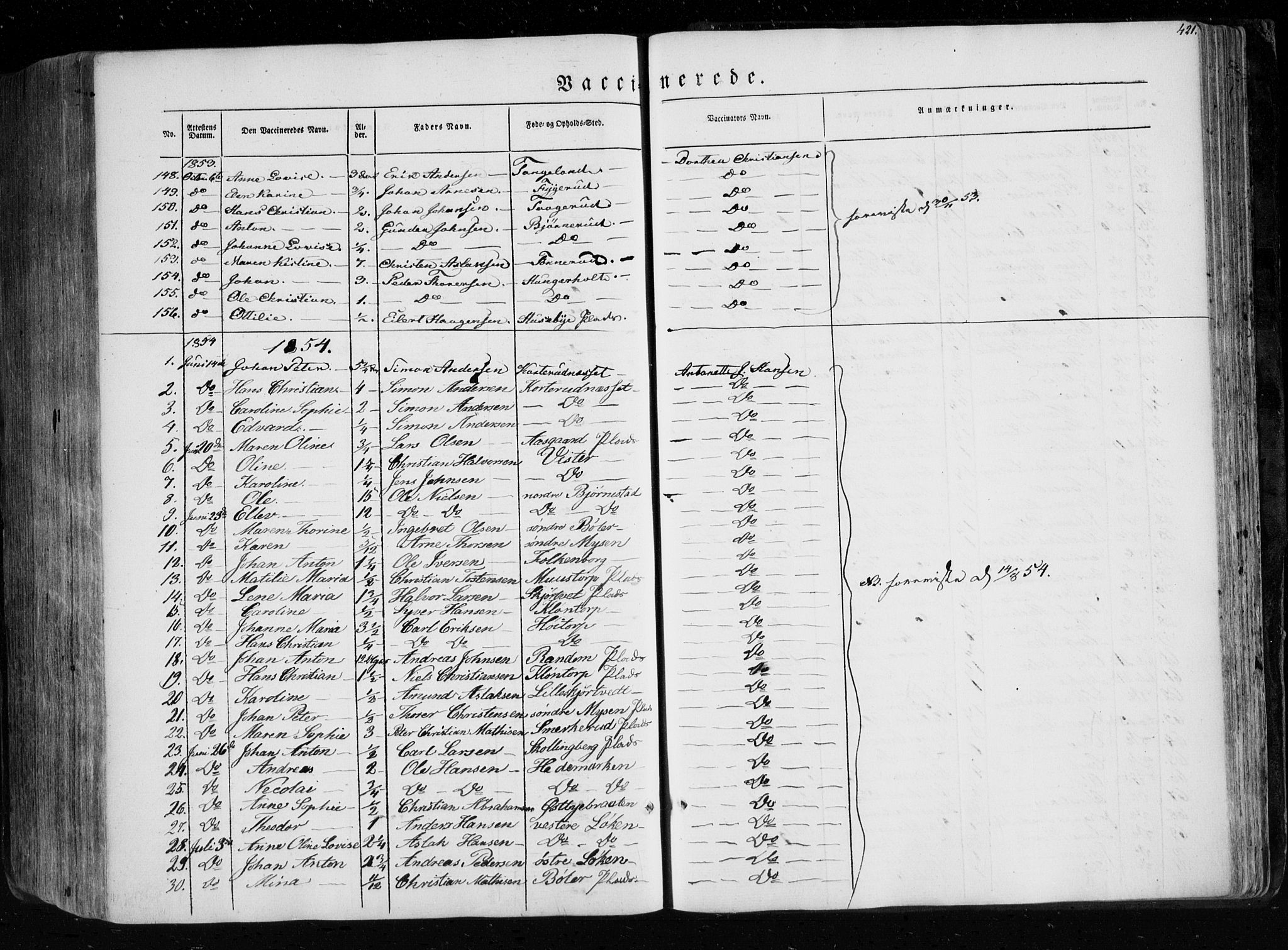 Eidsberg prestekontor Kirkebøker, AV/SAO-A-10905/F/Fa/L0009: Parish register (official) no. I 9, 1849-1856, p. 421