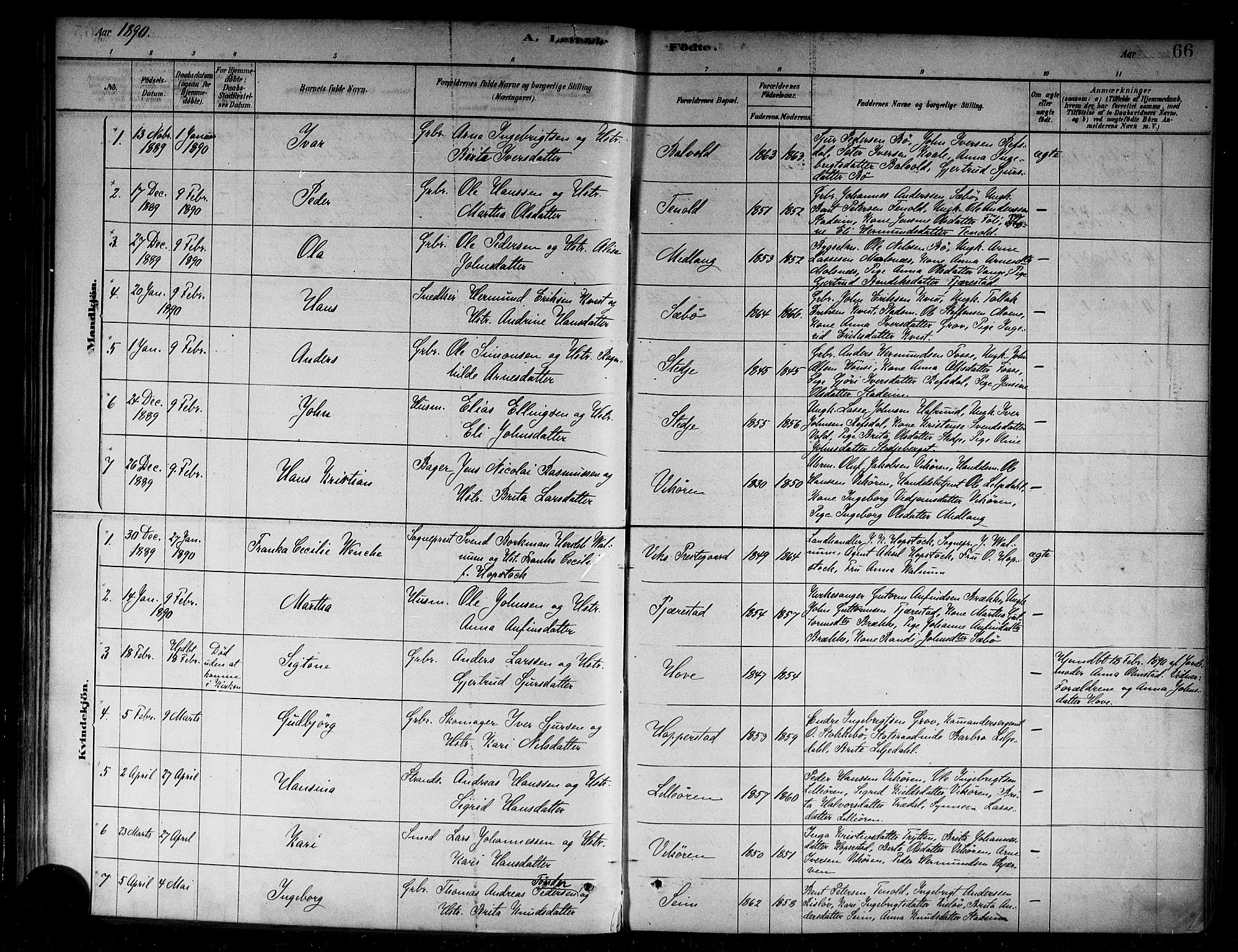 Vik sokneprestembete, AV/SAB-A-81501/H/Haa/Haab/L0001: Parish register (official) no. B 1, 1878-1890, p. 66