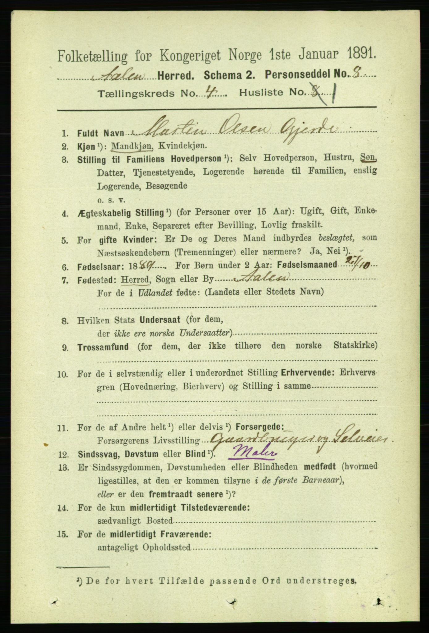 RA, 1891 census for 1644 Ålen, 1891, p. 1173